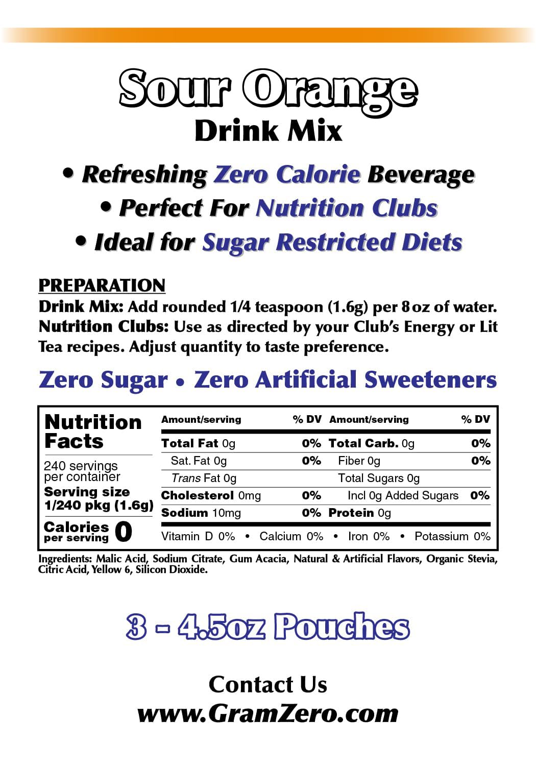 Gramzero Sour Orange Zero Calorie Sugar Free Drink Mix, Great For Nutrition Club Loaded Tea, Stevia Sweetened