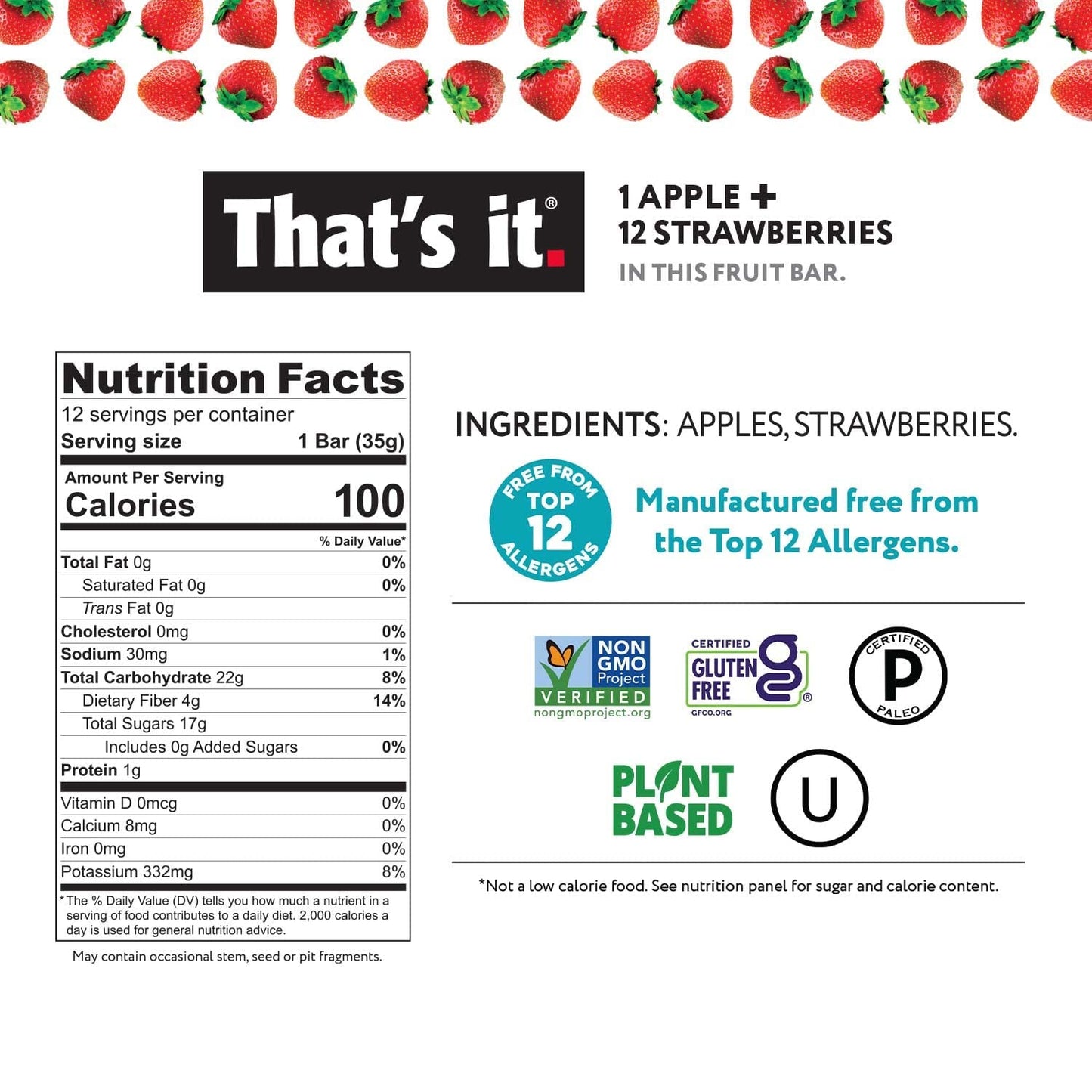 Thats it. Apple + Strawberry Fruit Bar, Vegan, Gluten Free, Non-GMO, No Sugar Added, 12 Count Pack