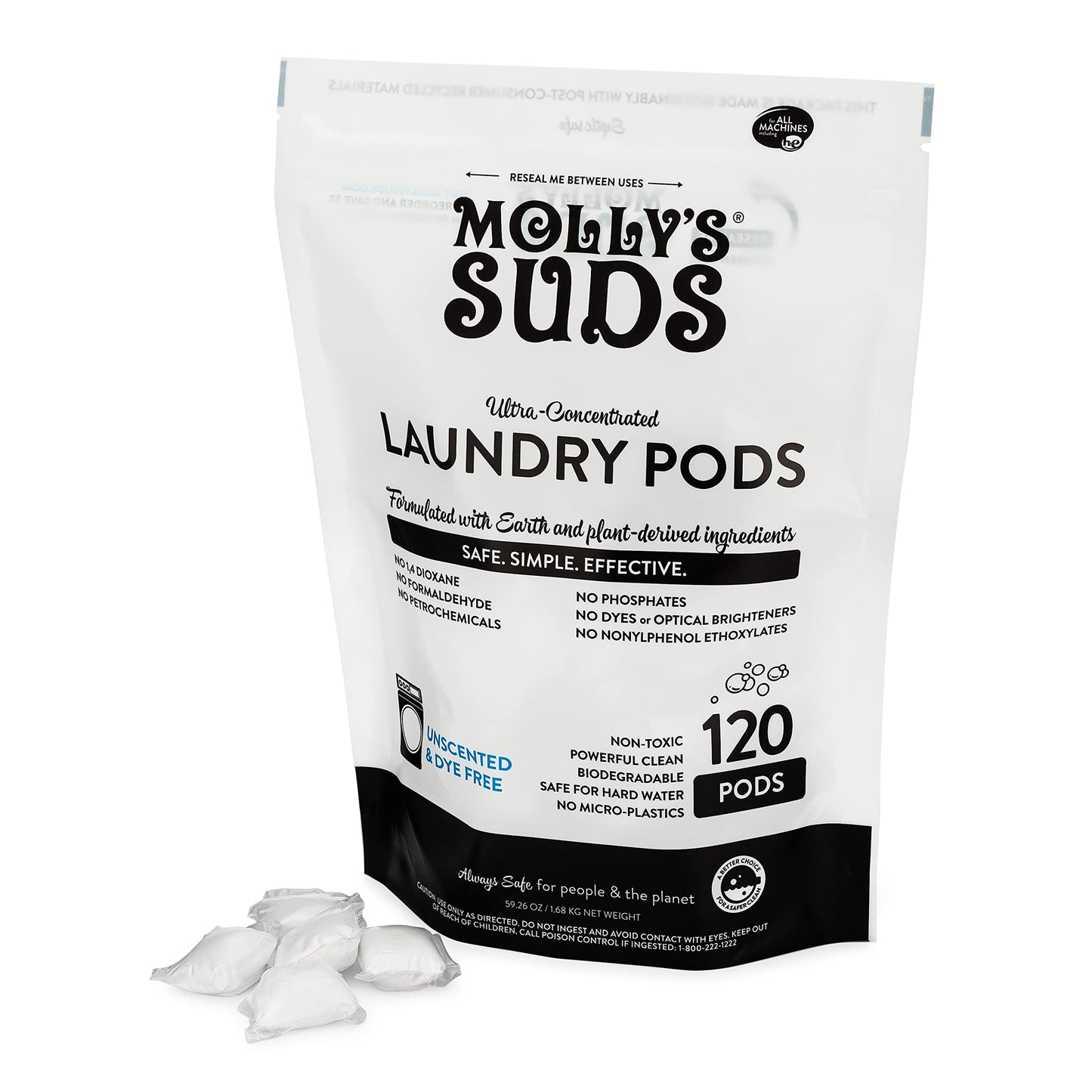 Mollys Suds Laundry Detergent Pods  Natural Detergent For Sensitive Skin  Ultra Concentrated And Stain Fighting  Unscented - 120