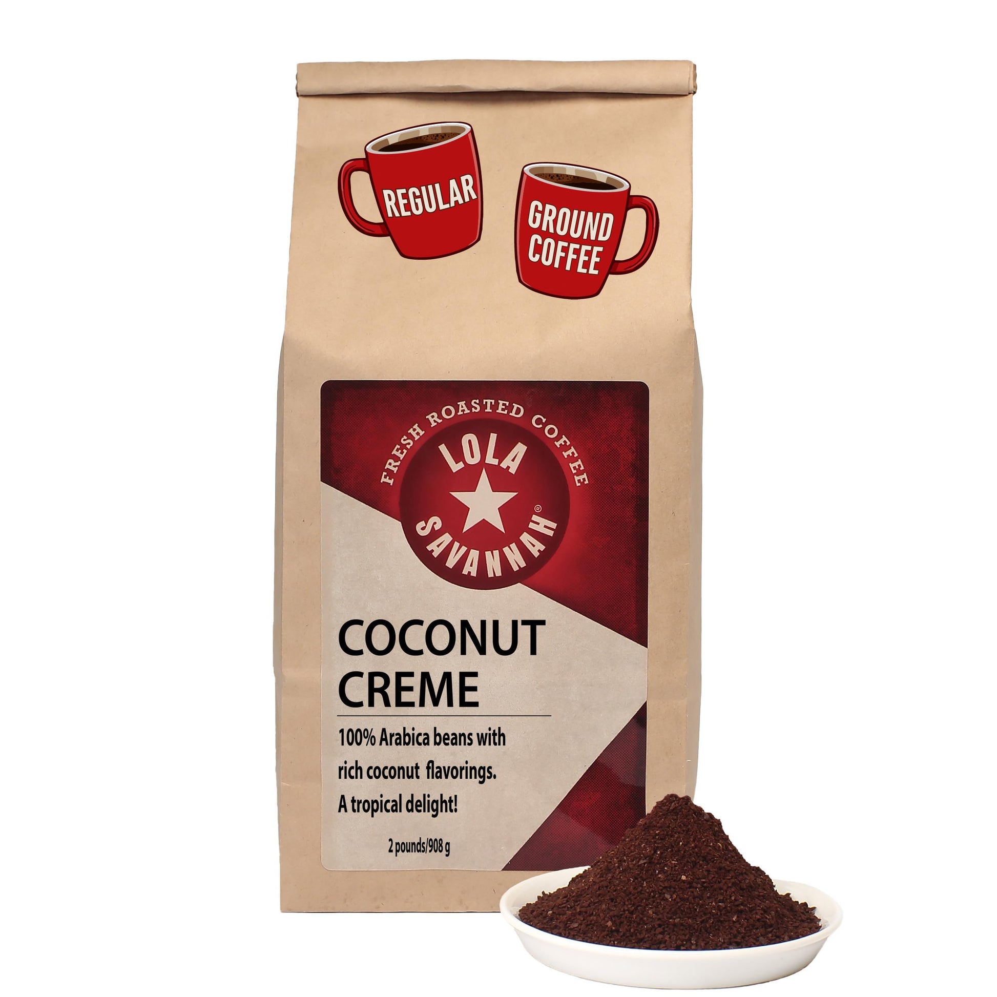 Lola Savannah Coconut Crème Ground Coffee - Flavored Arabica - 2lb Bag - Silver