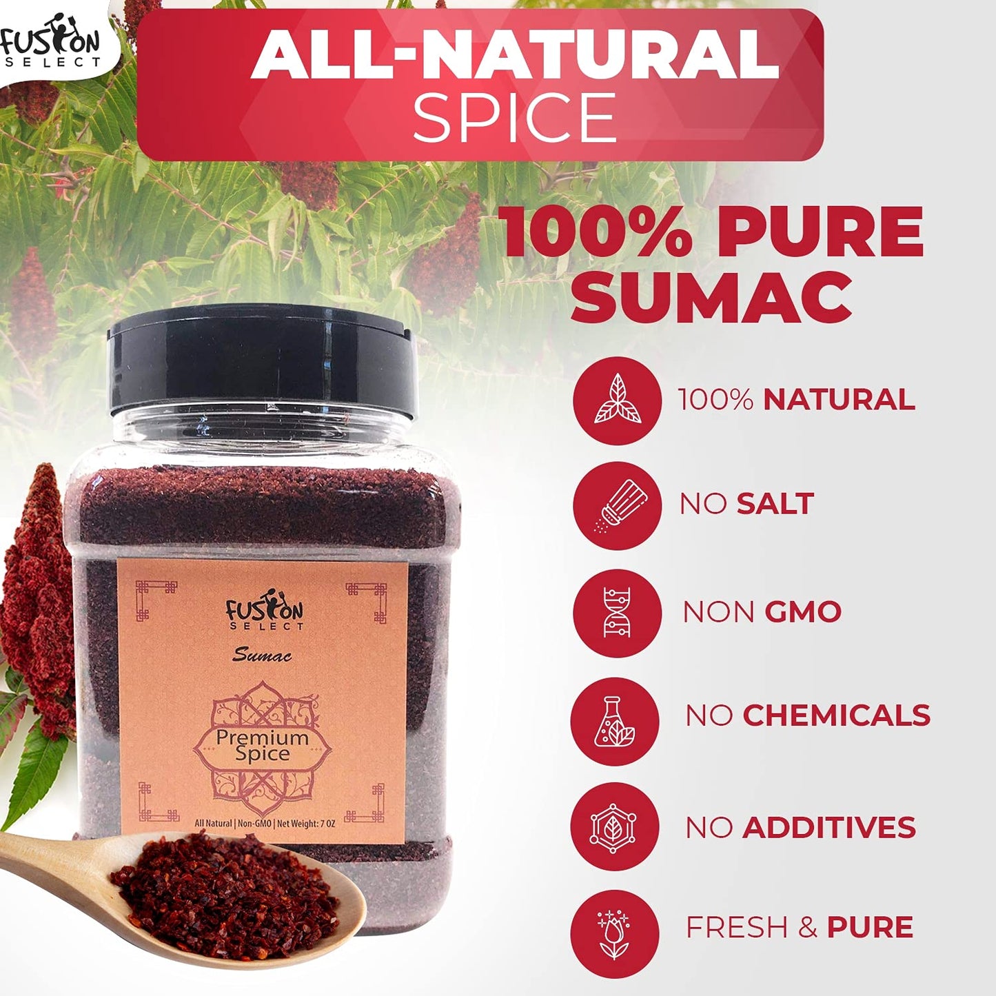 Fusion Select 100% Pure Sumac Spice, 100% Natural Sumac Powder | No Salt | Non-Gmo | Middle Eastern Spices | Sumac Seasoning | Double Lids Jar (7 Ounce)