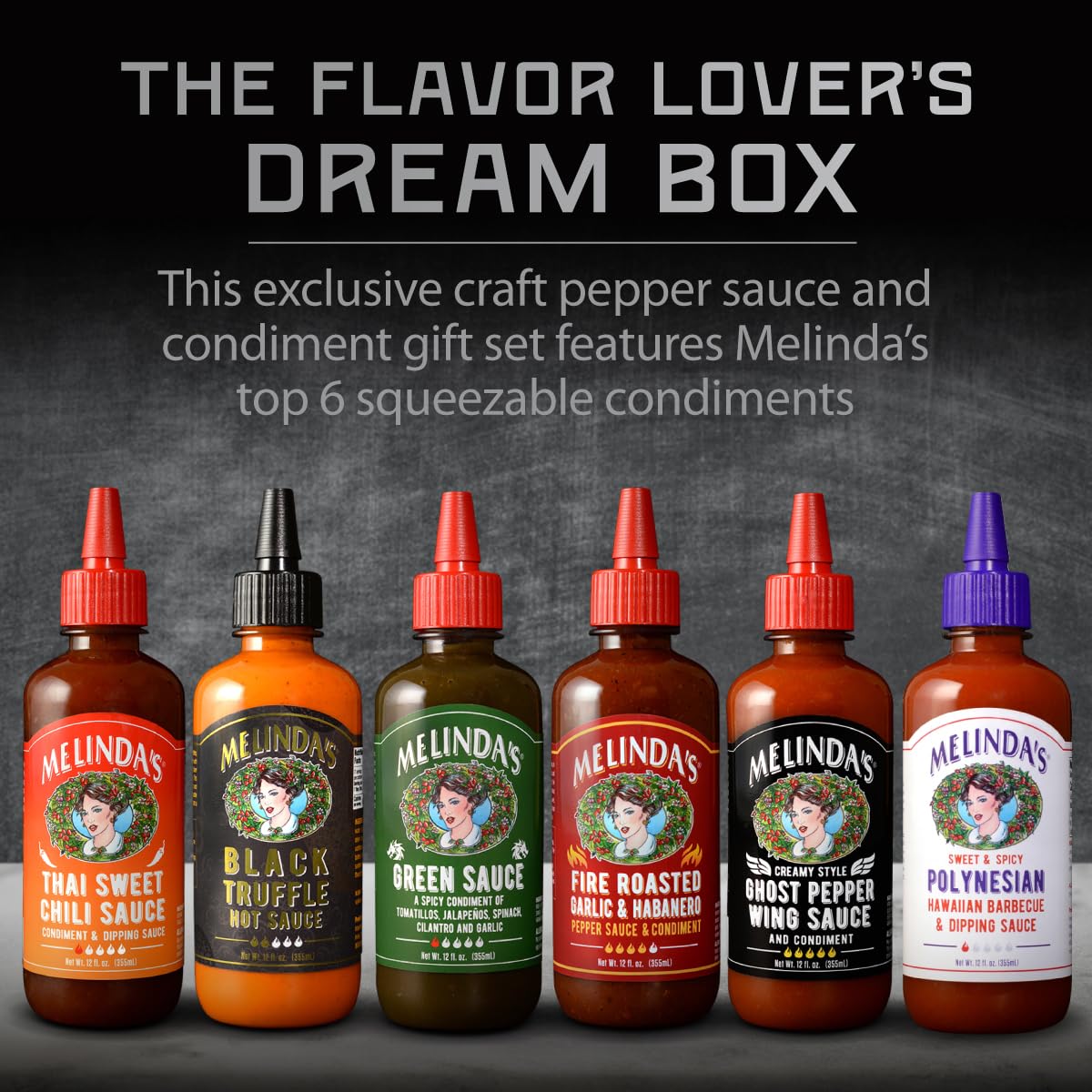 Melindas Craft Pepper Sauce Gift Set - Black Truffle, Thai Chili, Garlic, Habanero, Ghost Pepper, Spicy Polynesian - 12 oz, 6 Pack