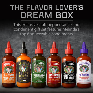 Melindas Craft Pepper Sauce Gift Set - Black Truffle, Thai Chili, Garlic, Habanero, Ghost Pepper, Spicy Polynesian - 12 oz, 6 Pack