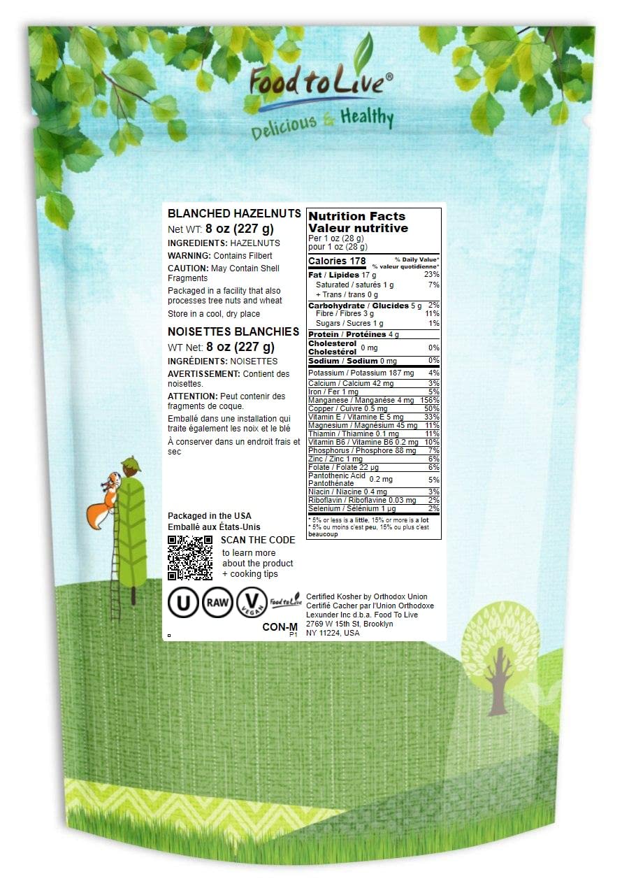 Food To Live Blanched Hazelnuts, 8 Oz Raw Whole Filberts, No Skin, Unsalted, Unroasted Nuts, Vegan Snack, Kosher. Keto. Good Source Of Vitamins And Protein. Great For Baking, Granola & Butter Making