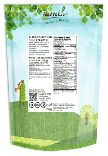 Food To Live Blanched Hazelnuts, 8 Oz Raw Whole Filberts, No Skin, Unsalted, Unroasted Nuts, Vegan Snack, Kosher. Keto. Good Source Of Vitamins And Protein. Great For Baking, Granola & Butter Making