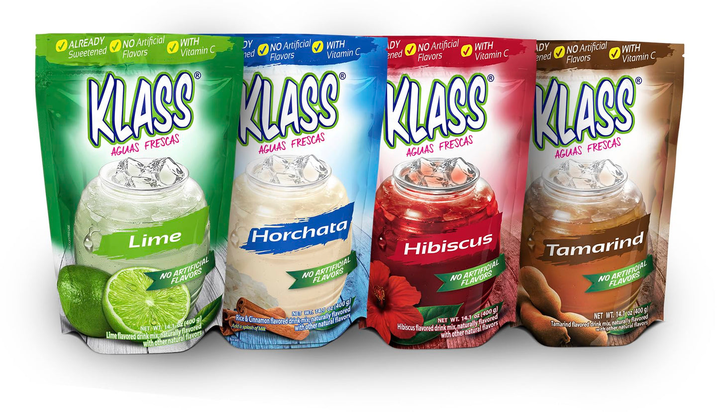Klass Aguas Frescas | Drink Mix Mexican Variety Pack | Horchata Limeade Hibiscus & Tamarind Drinks | Flavors From Natural Sources, No Artificial Flavors, With Vitamin C (Makes 7 To 9 Quarts) 14.1 Oz Family Pack (4-Pack)