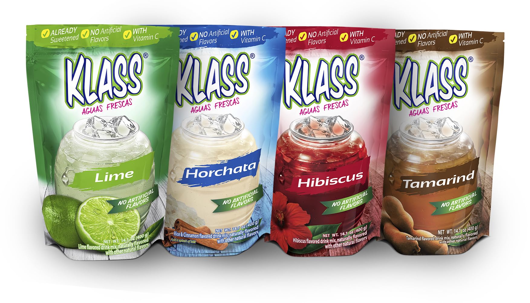 Klass Aguas Frescas | Drink Mix Mexican Variety Pack | Horchata Limeade Hibiscus & Tamarind Drinks | Flavors From Natural Sources, No Artificial Flavors, With Vitamin C (Makes 7 To 9 Quarts) 14.1 Oz Family Pack (4-Pack)