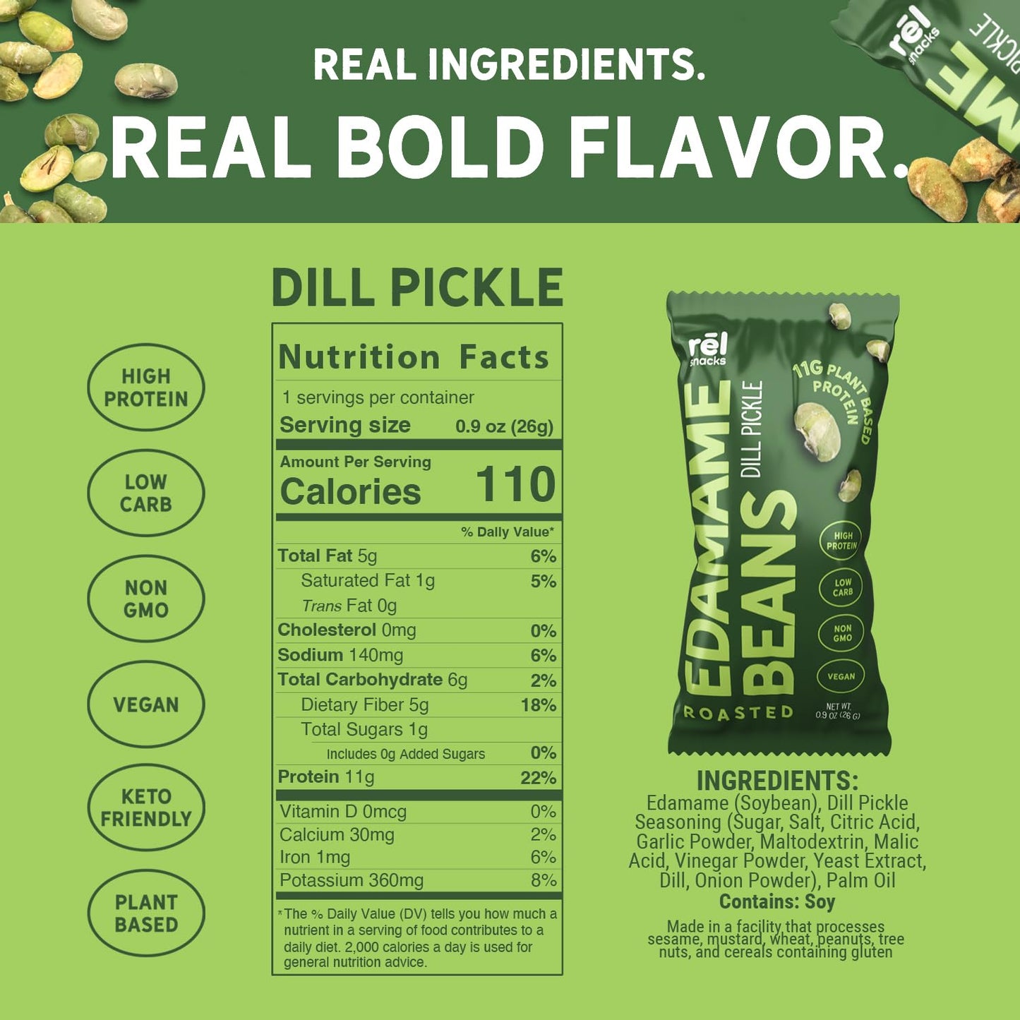 Rel Snacks Roasted Edamame by Freds Farm - Dill Pickle  Low Calorie (0.9oz  10-Pack) | Keto-Friendly  Low Carb  High Protein (11g) | Vegan | Ideal Crunchy Snack for Office and On-the-Go