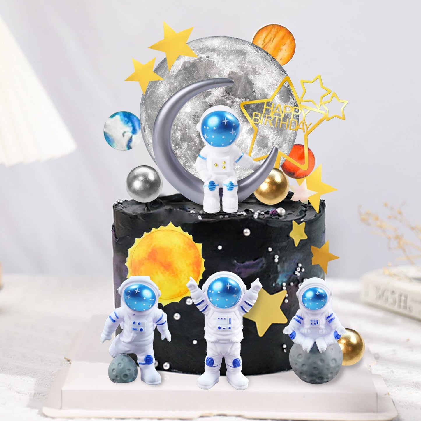 34 Pcs Space Cake Toppers Outer Space Astronaut Figurines Planet Satellite Balls And Stars Kids Space Theme Decorations For Birt