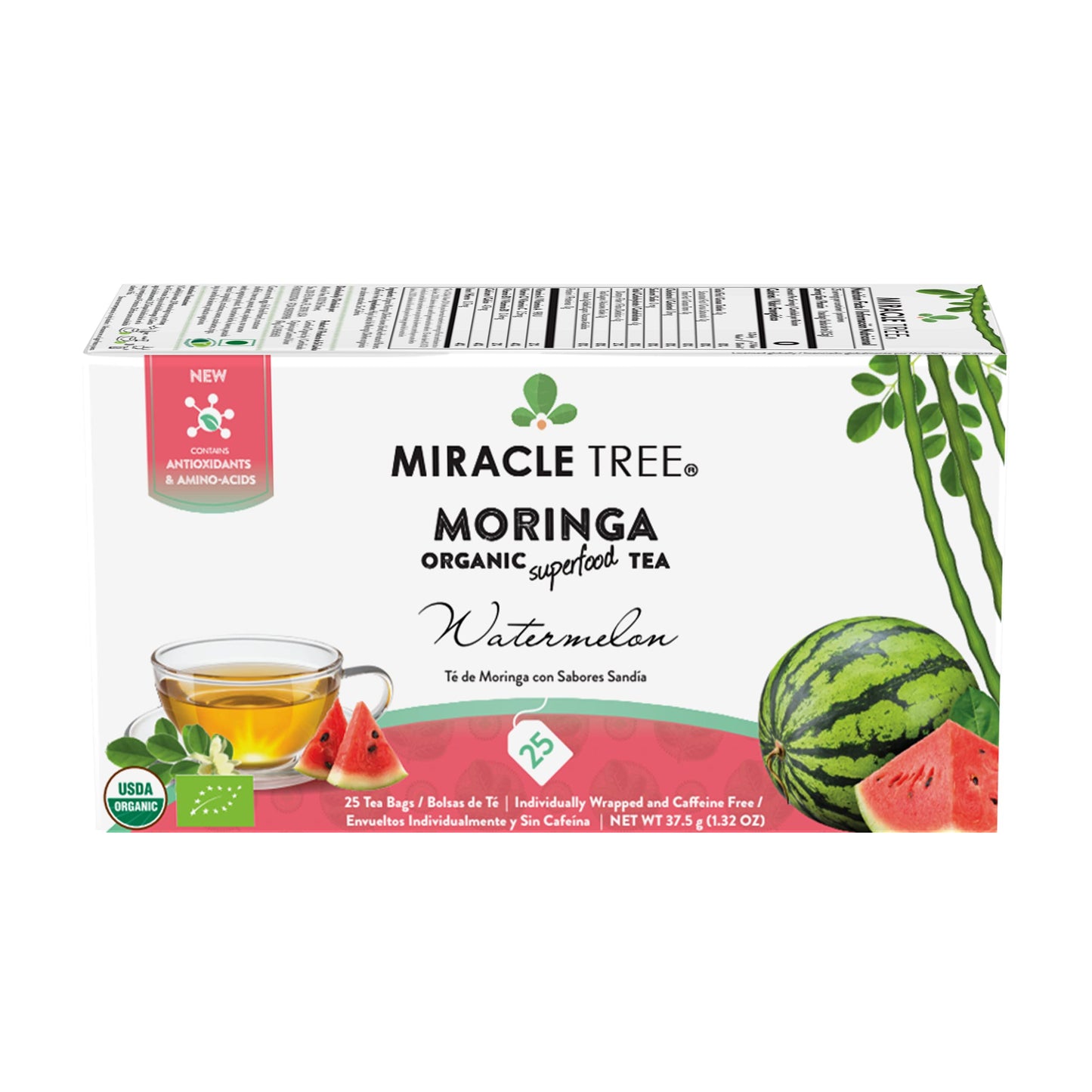 Miracle Tree Organic Moringa Superfood Tea, Watermelon Flavor, 25 Individually Sealed Bags, Vegan, Gluten-Free, Caffeine-Free
