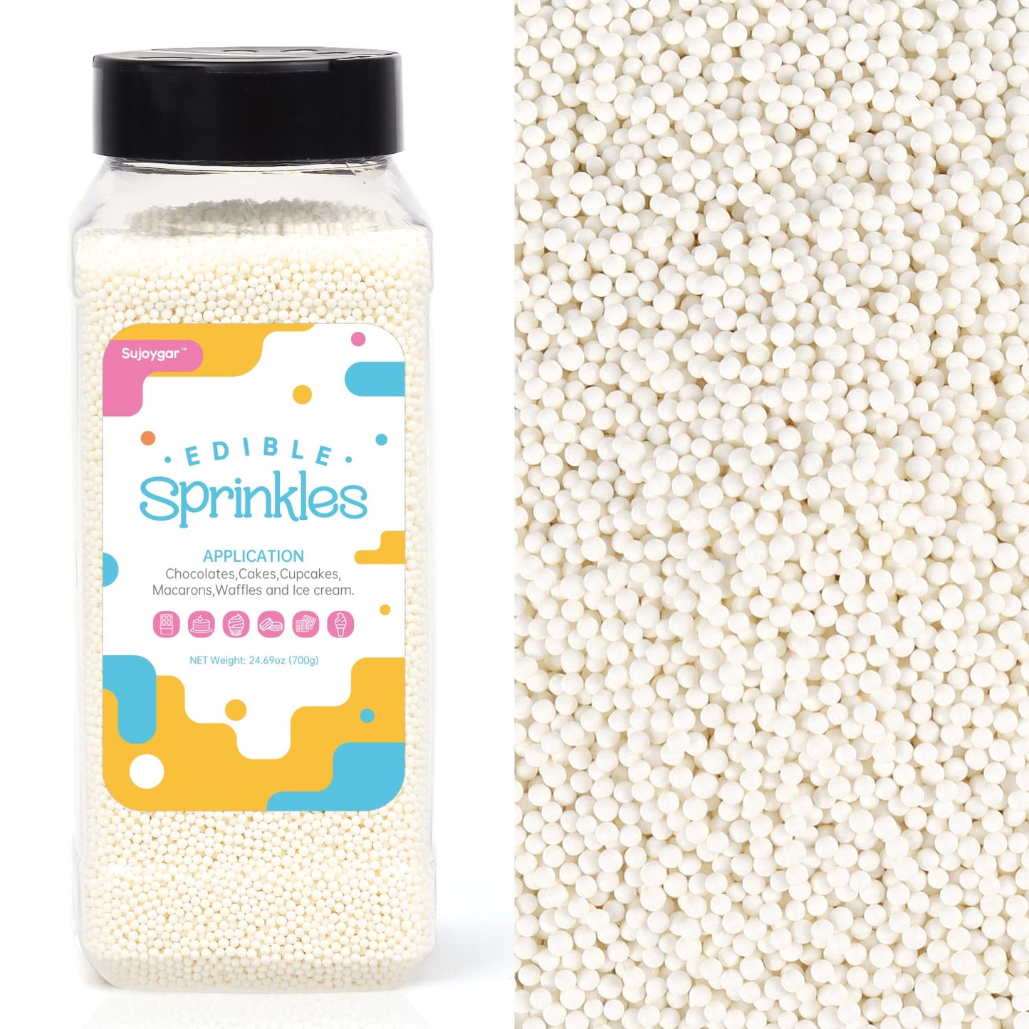 White Nonpareils Sprinkles, Food Grade 1.54 Lb Bulk, Sujoygar, White Sprinkles For Cake Decorating, Cupcake, Ice Cream, Chocolat