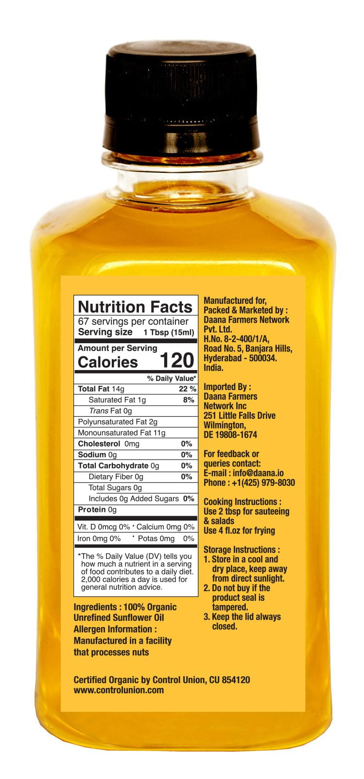 Daana Sunflower Oil: Certified USDA Organic, Extra Virgin, Cold Pressed, High Oleic, Non-GMO. Healthy Oil for Cooking, Baking, F