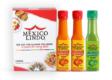 Mexico Lindo Hot Sauce Variety Pack Display with 2 Red Habanero, 1 Green Habanero, 5 fl oz, Pack of 3