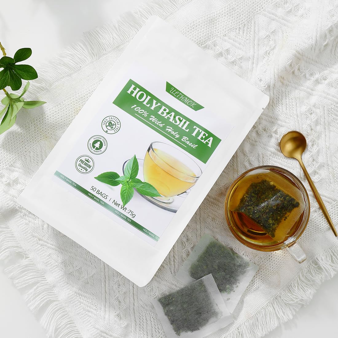 Enhanced 50 Holy Basil Tea Bags, Made With 100% Natural Tulsi Wild Holy Basil Leaves, No Additives & Caffeine Free.
