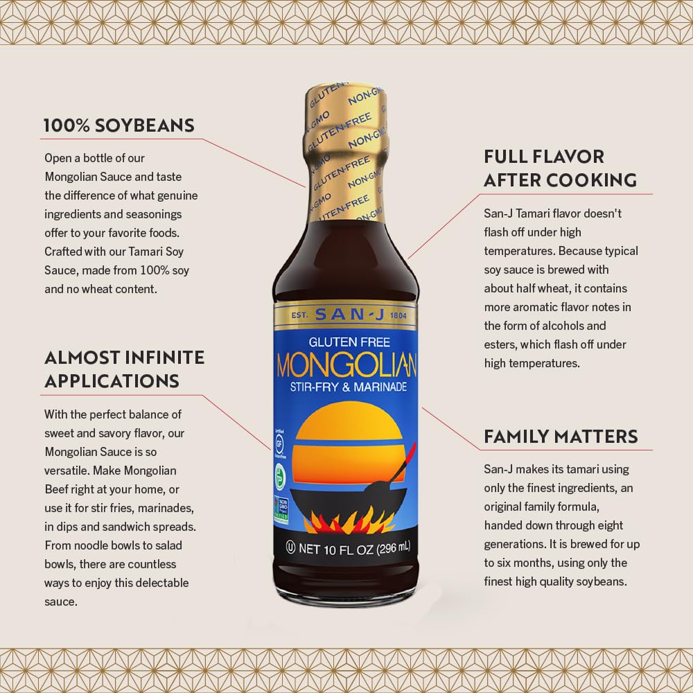 San-J - Gluten Free Mongolian Sauce - Bold And Flavorful Sauce For Cooking - Non-Gmo - 10 Oz. Bottles - 2 Pack