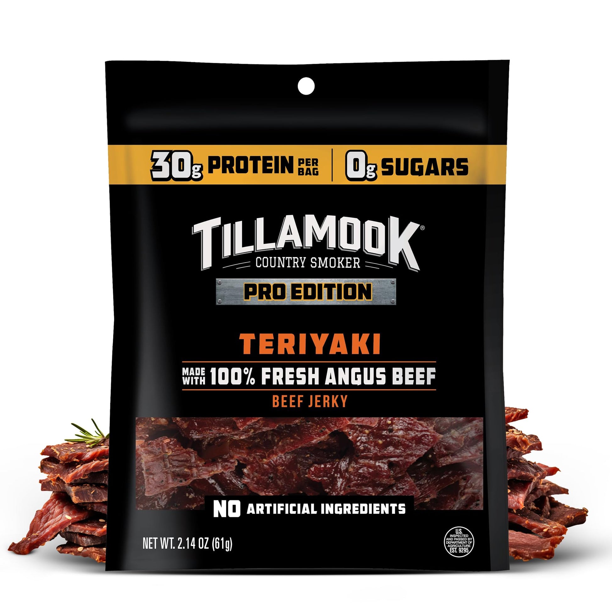 Tillamook Beef Jerky, PRO Edition, Zero Sugar, Teriyaki, 2.14 Oz, Low Carb, High Protein, Gluten Free, Ready to Eat Snack