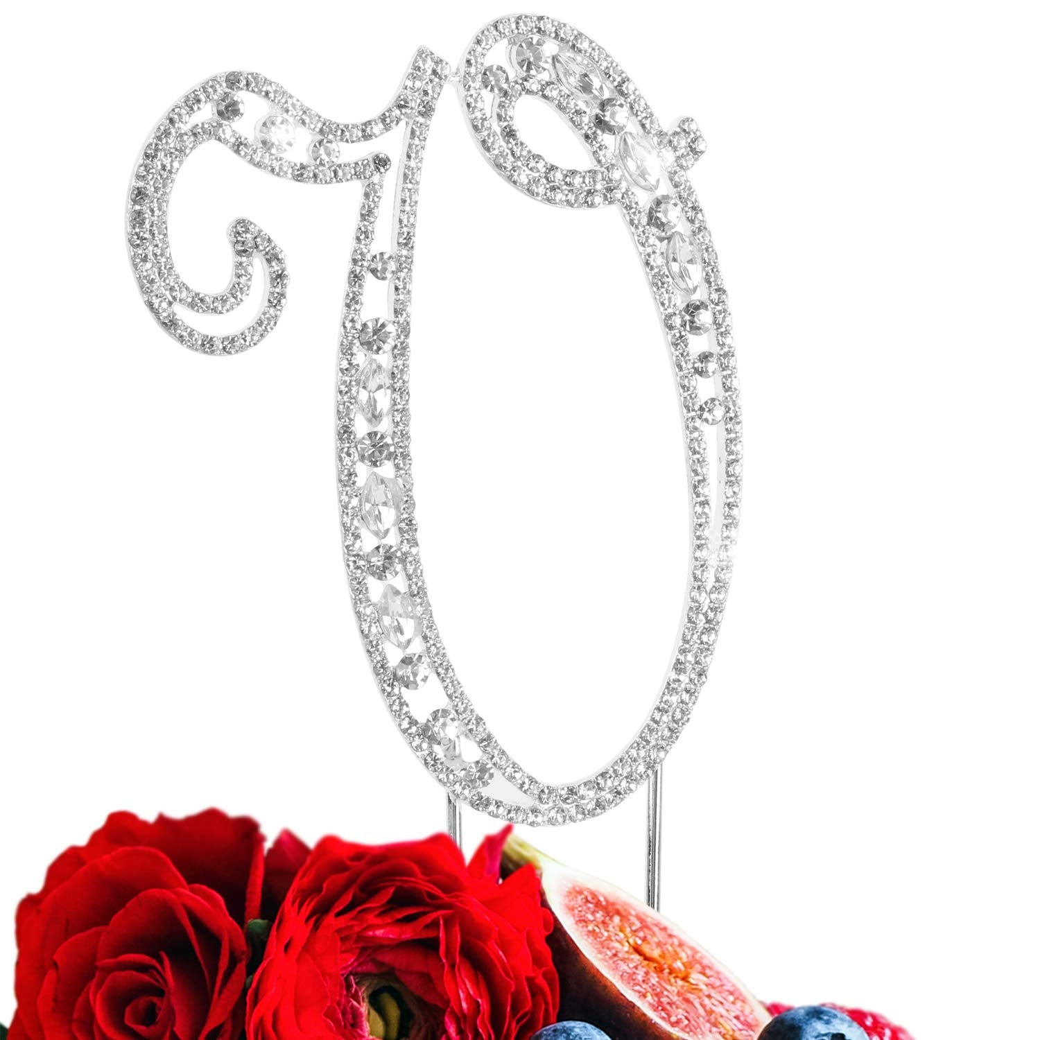 LINGPAR Letter V Cake Topper, Rhinestone Crystal, Silver, Model 01 for Wedding or Birthday Party Decoration Supplies