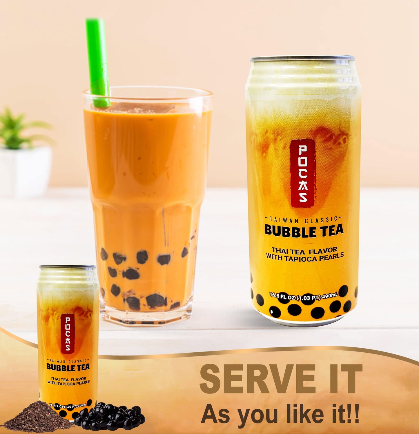 Generic POCAS BUBBLE TEA - Classic Taiwan Style Milk Tea with Tapioca Pearls, Ready to Serve, 12 oz