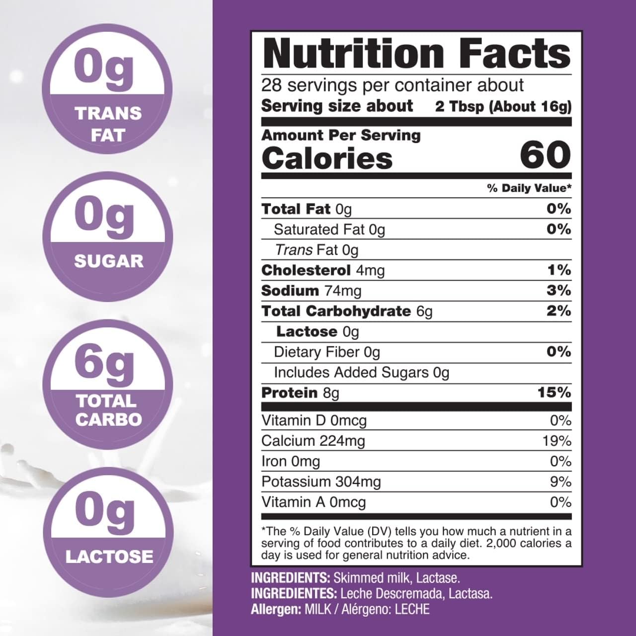 ZULI MILK Nonfat Dry Milk Powder - Fat Free, Lactose Free, Non-GMO, Good Source of Protein & Calcium - 16oz Pack