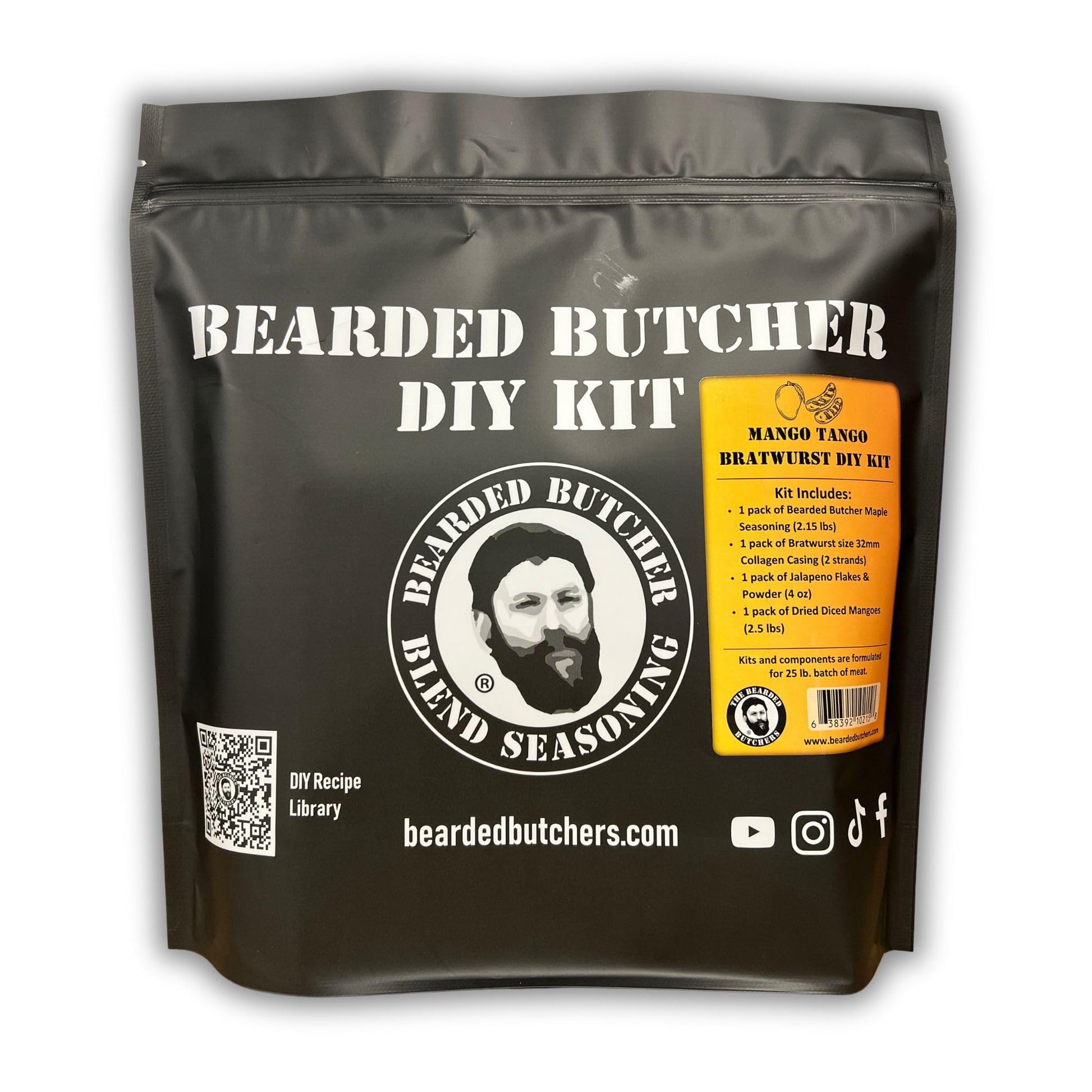 Bearded Butchers Mango Tango Bratwurst DIY Kit - Sweet & Spicy Seasoning, Collagen Casings, Jalapeño Flakes, Dried Mangoes for 25 lbs Meat
