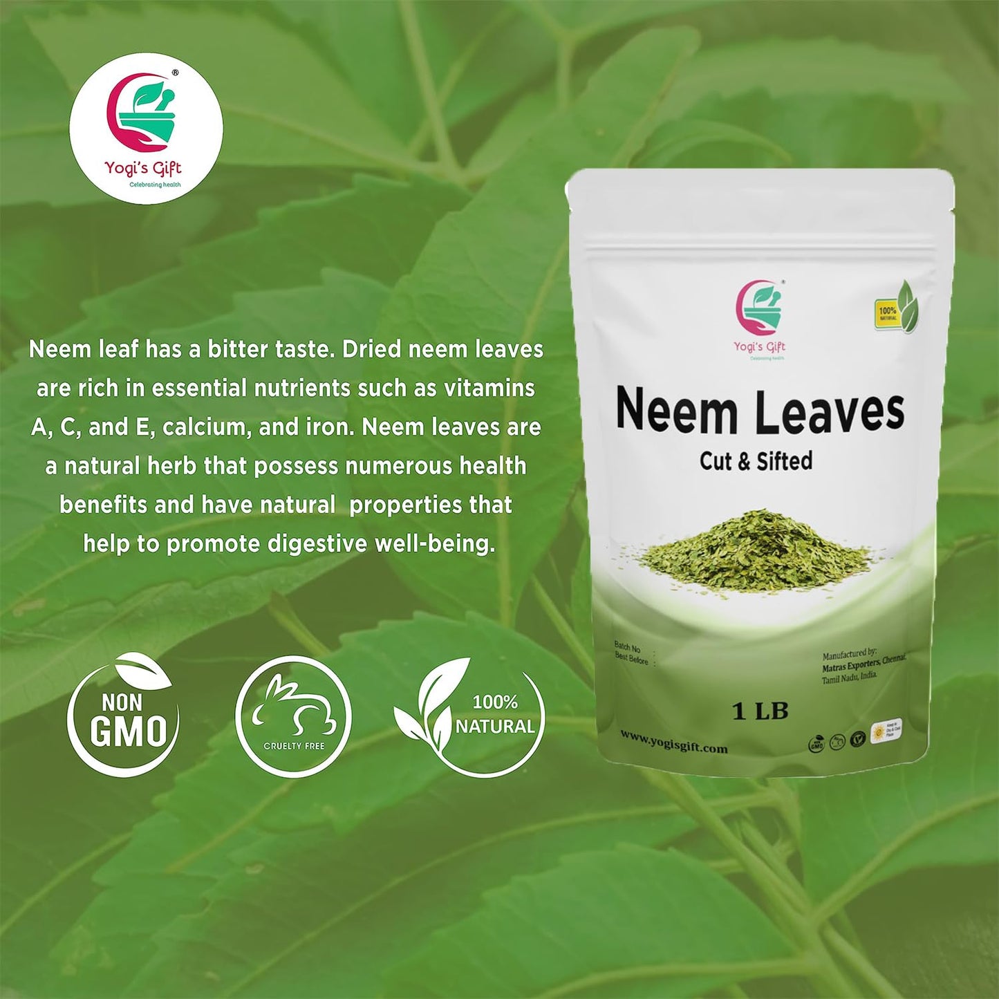 Neem Leaf 1 lb (454 grams) | 100% Natural Tea | Neem Leaves Cut and Sifted | Azadirachta Indica Leaf | Margosa Leaves | Non-GMO,
