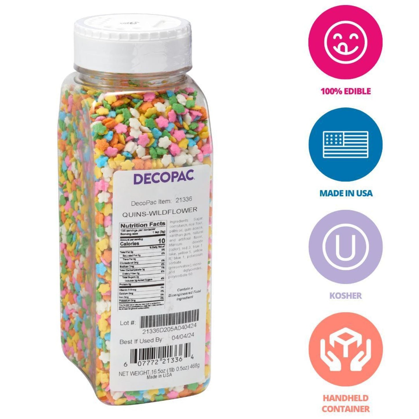 DecoPac Quins Fancy Sprinkles, 19.5oz, Multicolor Flower Shape Edible Sprinkles for Cakes, Cupcakes, Cookies, Model 21336