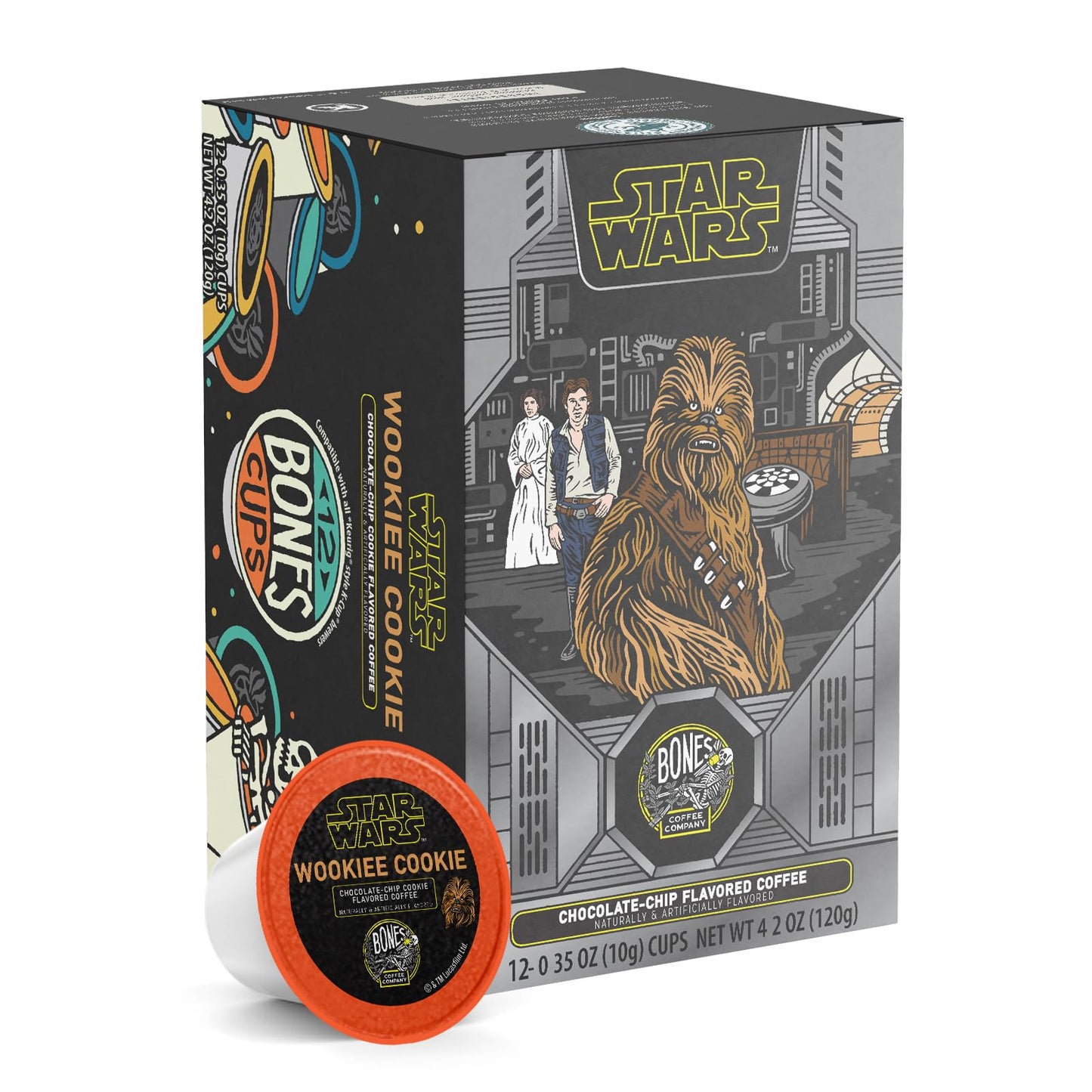 Bones Coffee Company Star Wars Wookiee Cookie, Chocolate Chip Cookie Flavored Coffee Pods, Low Acid Medium Roast Single-Serve Bones Cups For 1.0 & 2.0 Capsule Malt-Inspired Coffee Maker, 12 Count