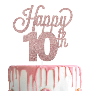 Lingteer Happy 10Th Birthday Rose Gold Cake Topper - Cheers To 10Th Birthday Ten Years Old Birthday Party Cake Decorations Sign.