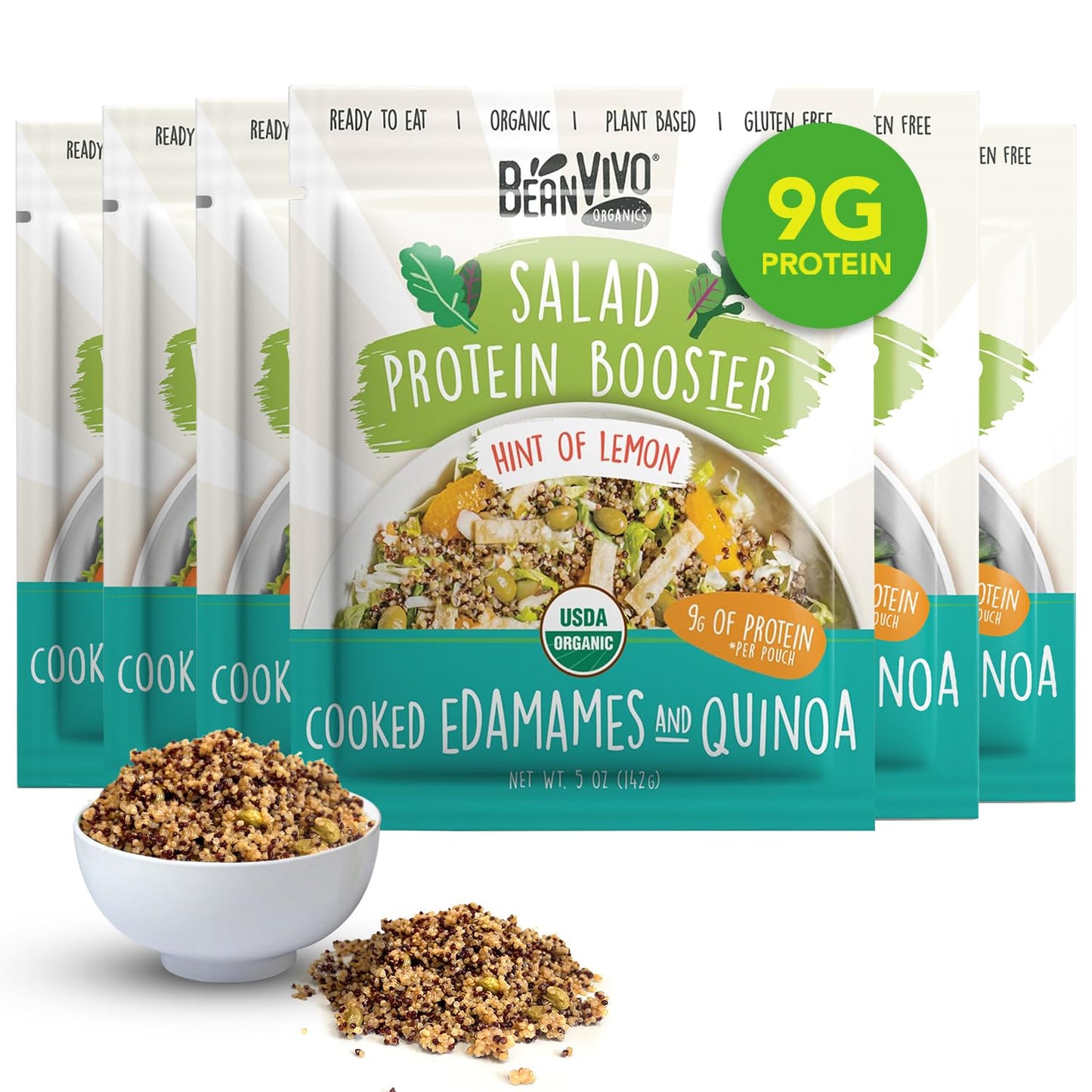 BeanVIVO 6-Pack Salad Protein Booster - Organic cooked Edamame & Quinoa Hint of lemon delivering a burst of taste and 9g of prot