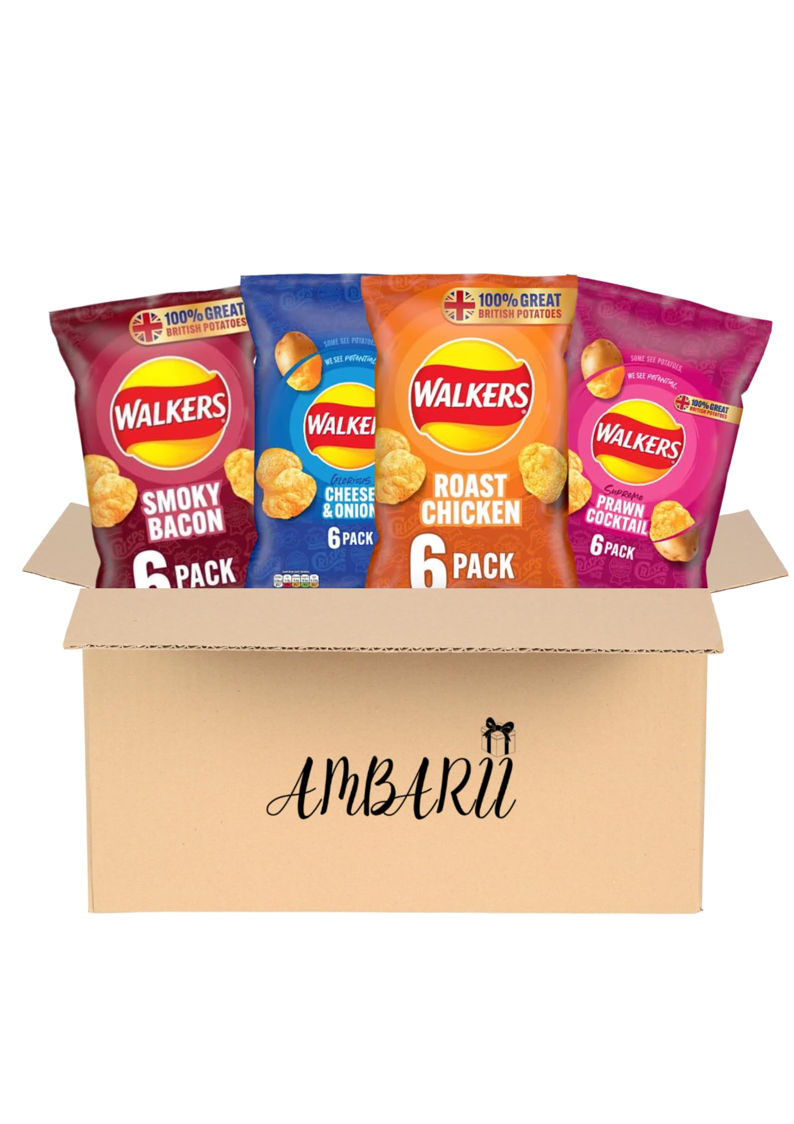 AMBARII Walkers Meaty Variety Pack Potato Crisps, 25 Count, 25g -4 pack