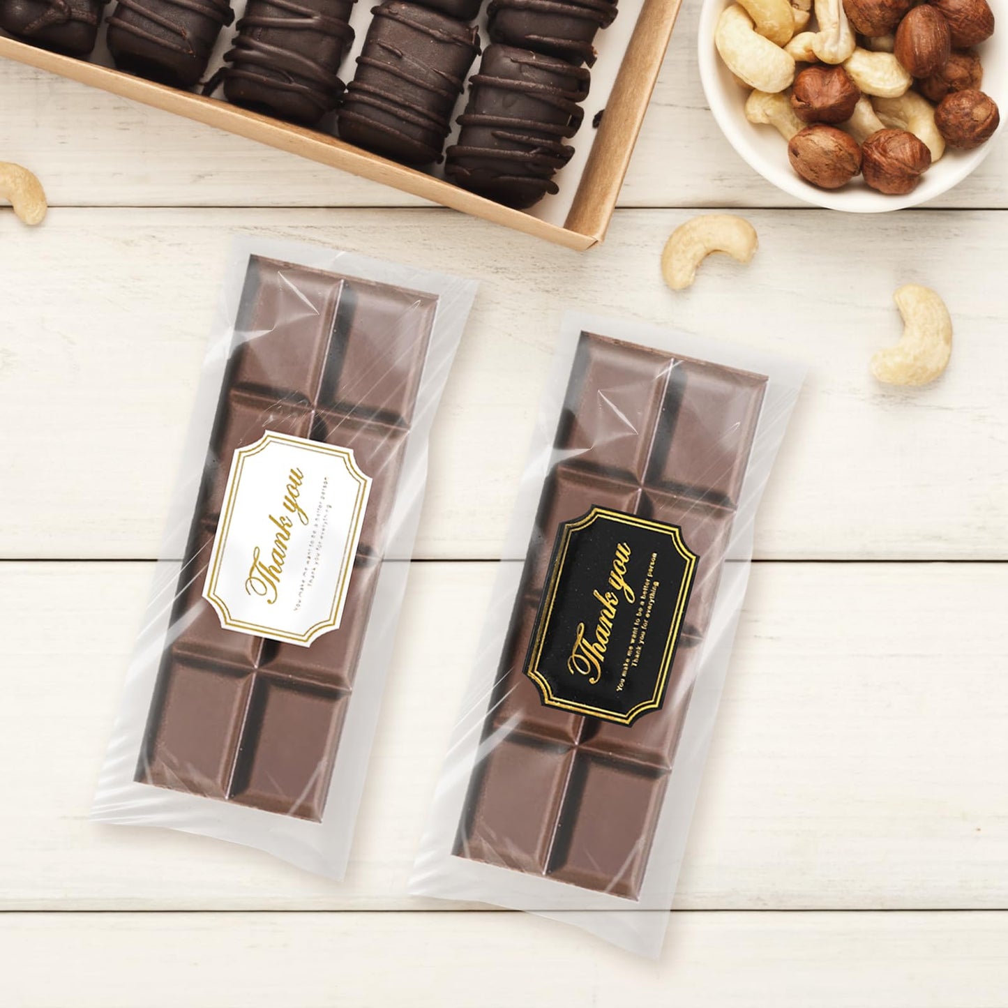 Qiuruoo Chocolate Bar Wrappers with Thank You Stickers, 2.5 x 7.1 Inch, Gold/Clear, Self-Adhesive Plastic, 200 Pcs