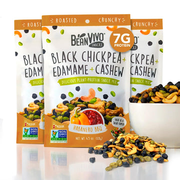 BeanVIVO Plant Based Protein Snacks - (7 Gram Protein) Habanero BBQ Flavor with Dried Edamame, Roasted Cashew and Chickpeas - No