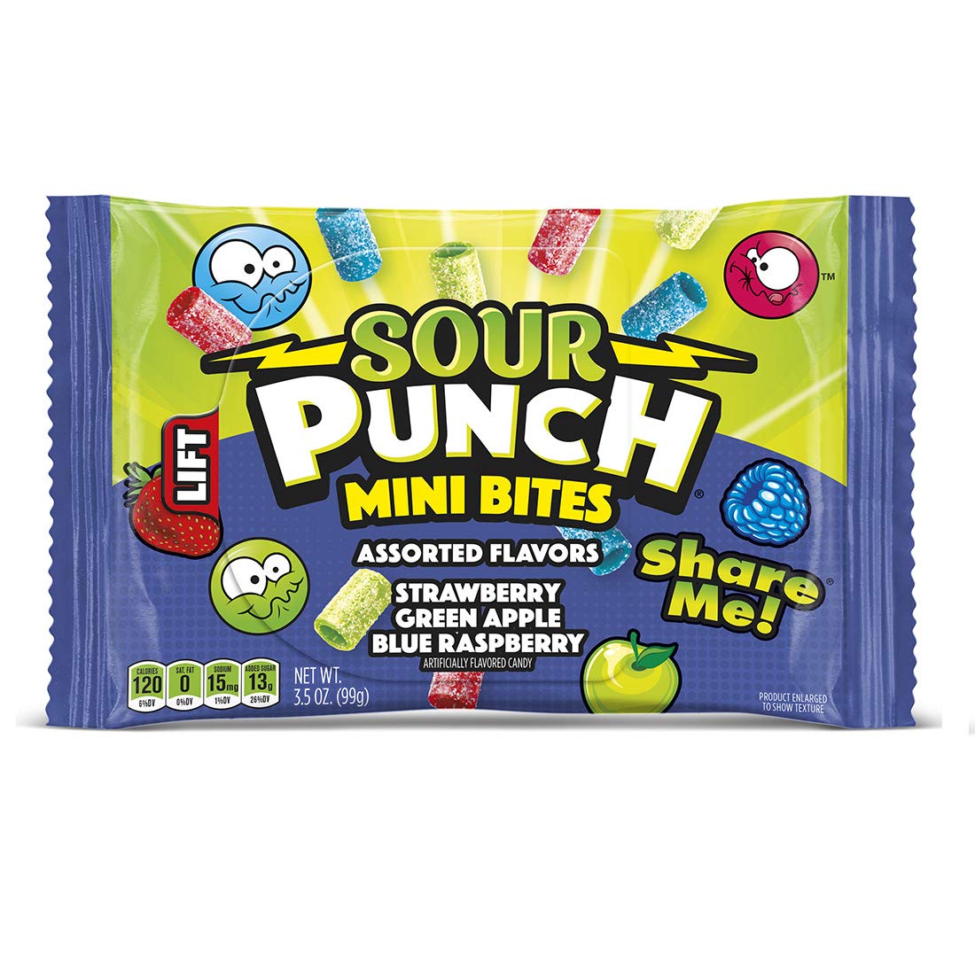 Sour Punch Mini Bites Strawberry Apple Blue Raspberry Flavored Sour Chewy Candy 3.5Oz Bag (12 Count)