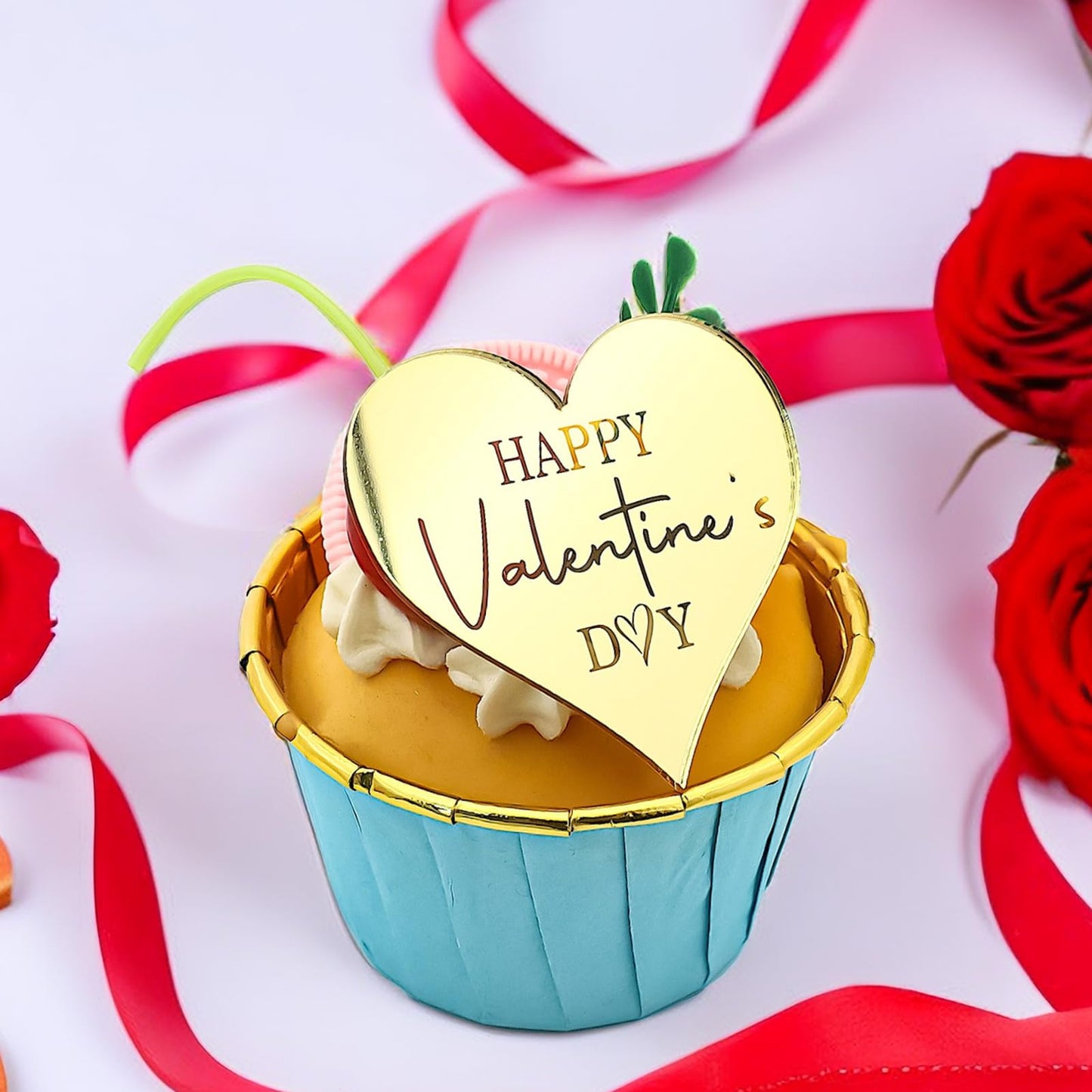 Aiqi Bakes 24Pcs Rose Carving Gold Mirror Acrylic Heart Shape Happy Valentine'S Day Cupcake Decorations, Valentine'S Day Cake Pa