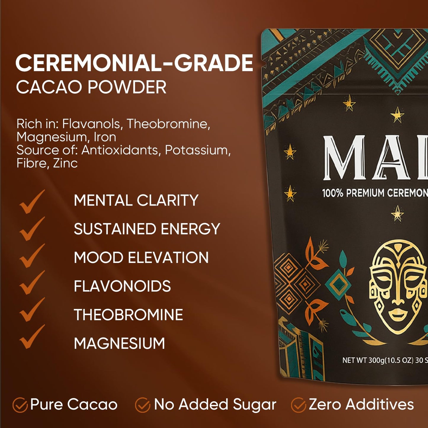 Maia Ceremonial Cacao  with Flavanol  Theobromine  Magnesium and Natural Flavonoids Blend  Improves Mental Clarity and Focus  Energy Boost & Elevate Mood  Zero Sugar 100% Pure and Natural