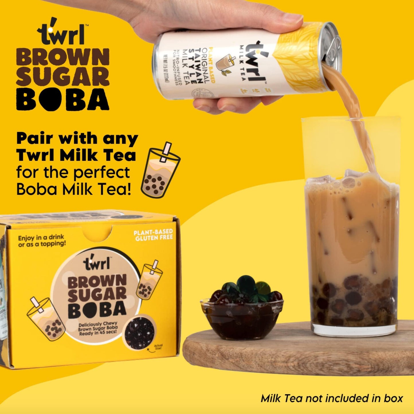 Twrl Brown Sugar Boba Bubble Tea Toppings - Taiwanese Boba Pearls, Cafe-Style Tapioca Milk Tea Topping, Instant - Perfect For Milk Tea And Coffee, Gluten-Free, Plant-Based - Pack Of 6 Single Servings