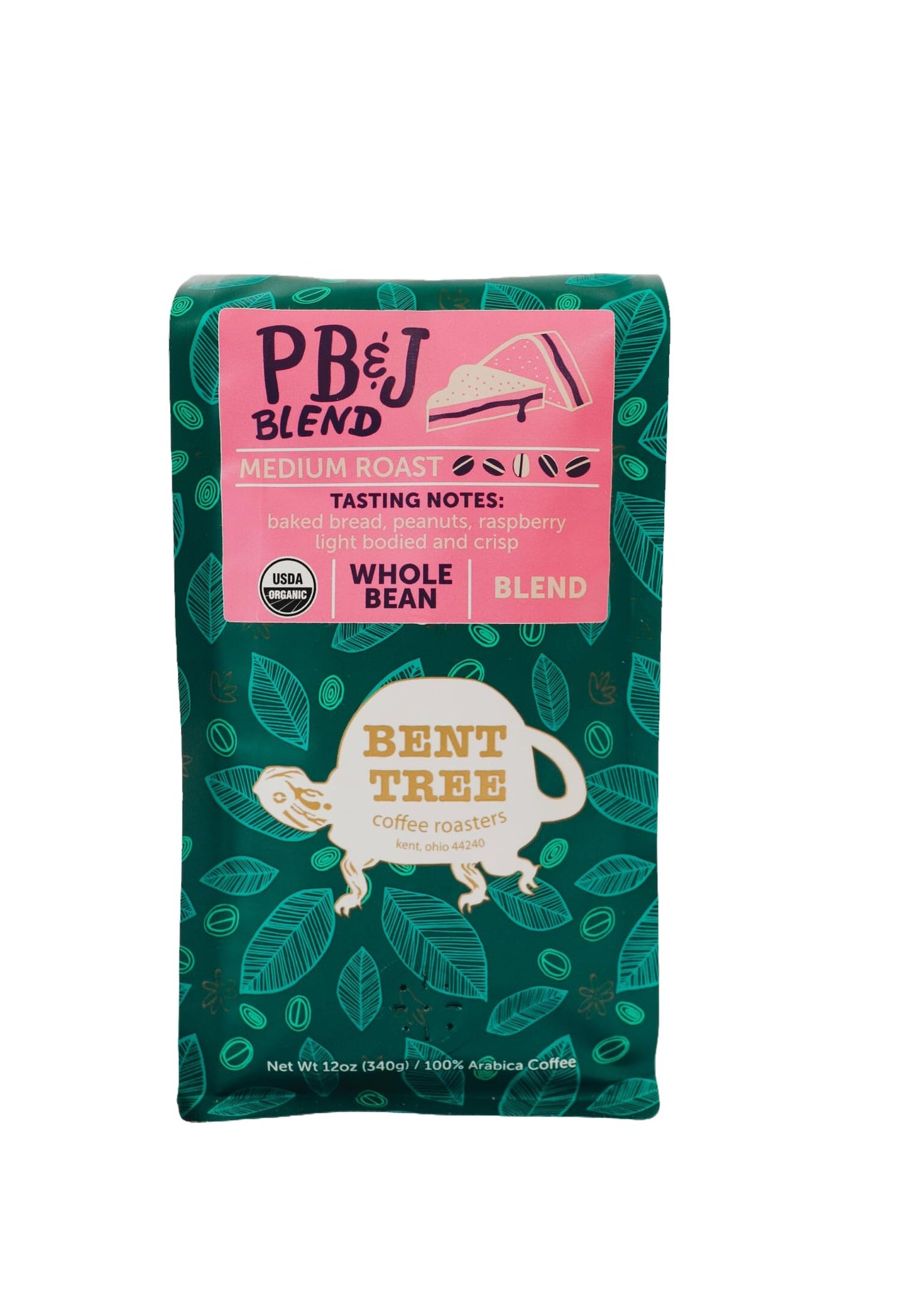 Bent Tree Coffee Roasters Organic Whole Bean Coffee, PB&J Blend, Medium Roast, 12oz, USDA Organic, Light Bodied, Crisp Flavor