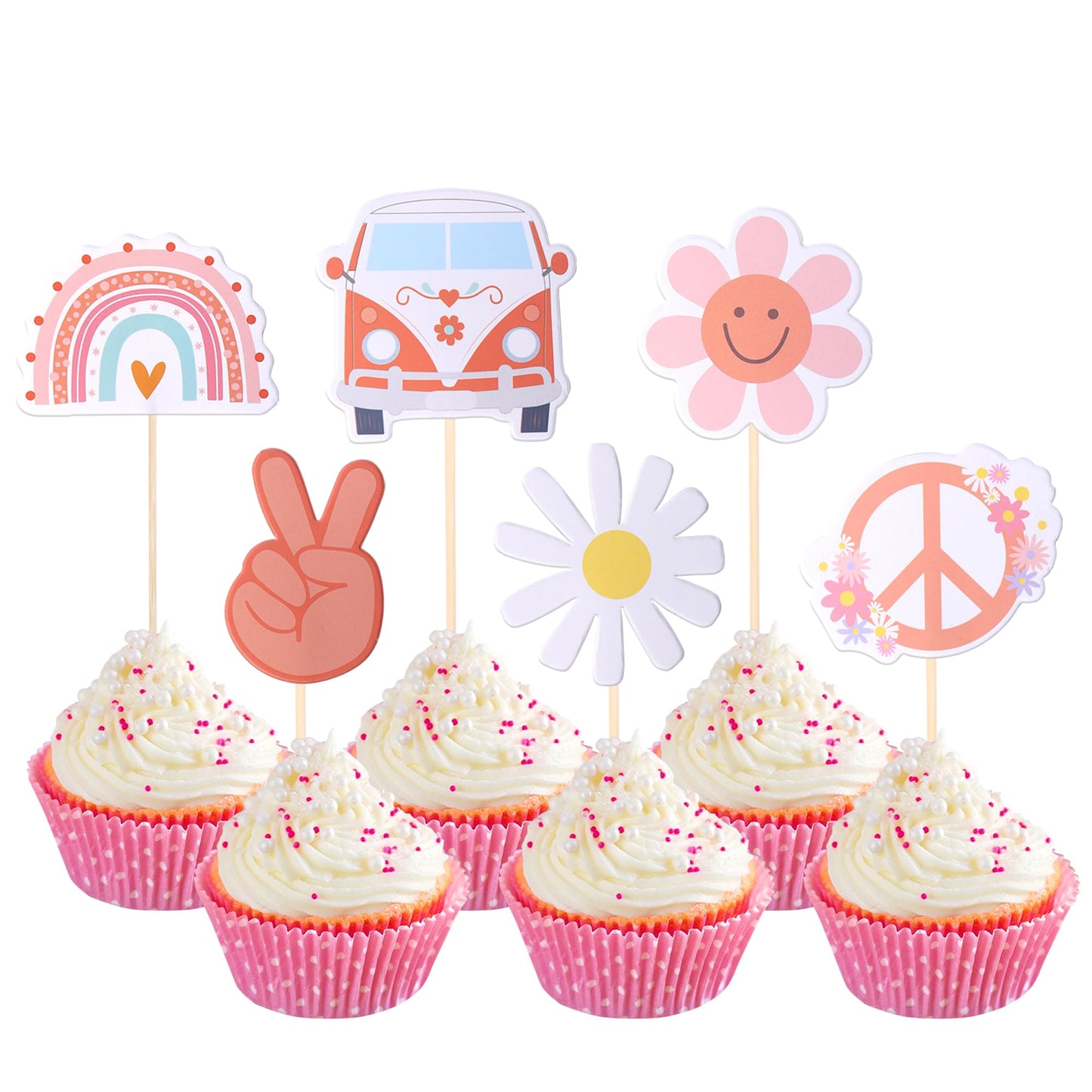 YCTHUNFISH 36 Pack Hippie Party Cupcake Toppers Rainbow Peace Sign Small Boho Birthday Decorations