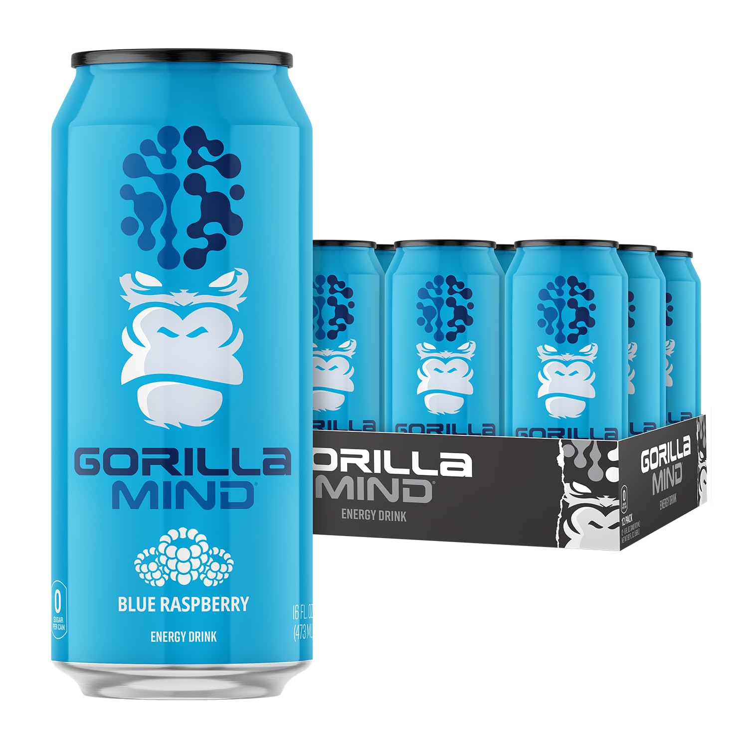 Gorilla Mind Energy Drink | Unmatched Energy  Amplified Focus | N-Acetyl-L-Tyrosine  Alpha-GPC  200mg Caffeine  Uridine  Saffron | 0 Sugar Or Artificial Colors | 16oz  12-Pack (Blue Raspberry)