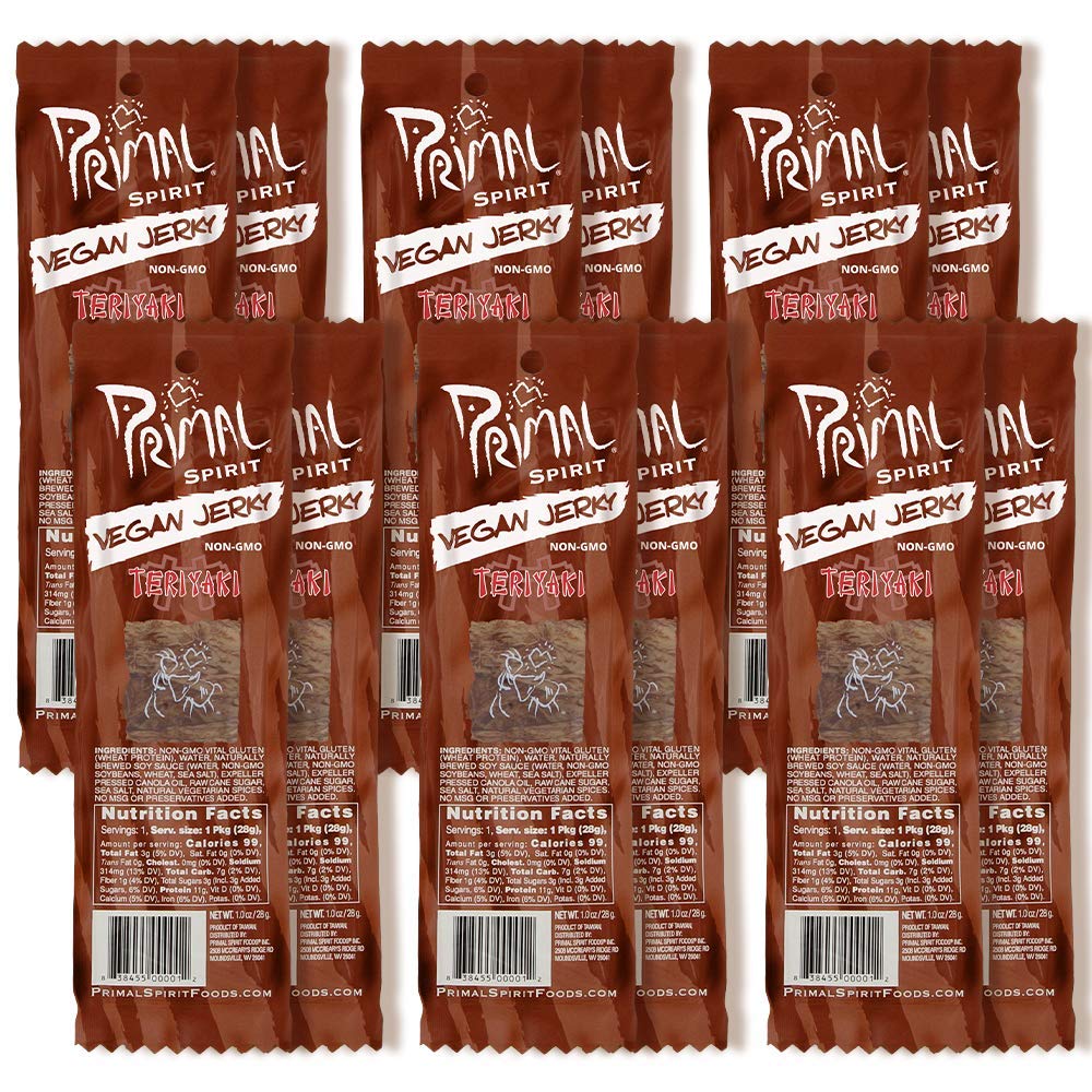 Primal Spirit Vegan Jerky - Classic Flavor, Teriyaki, 10 g Protein, Non-GMO, 12 Pack, 1 oz