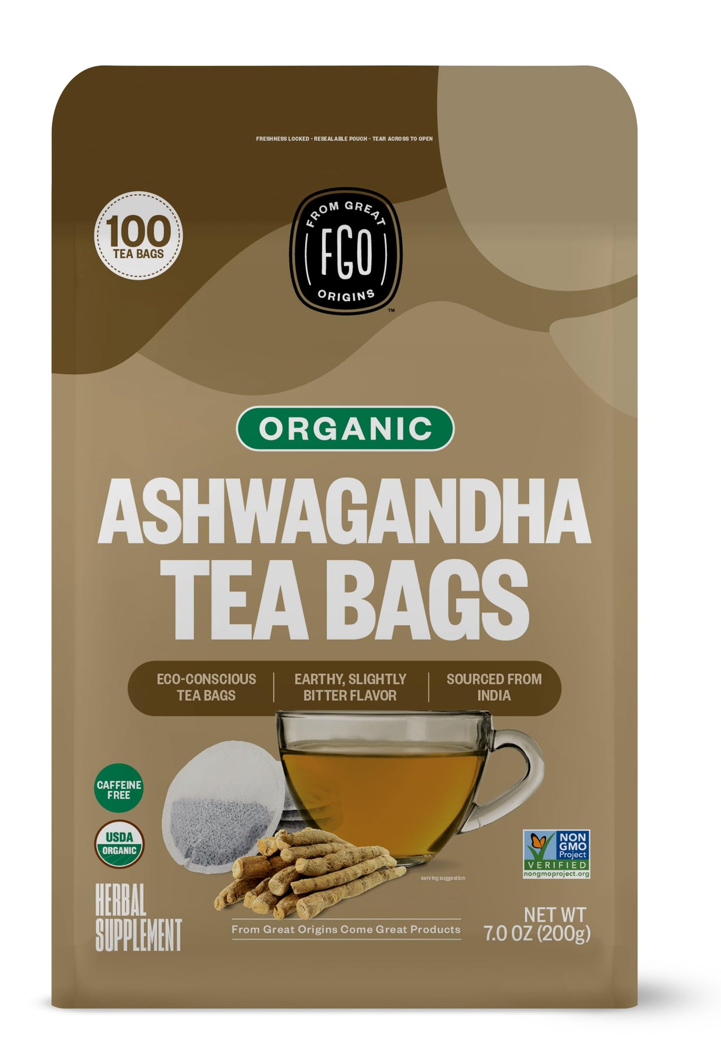 FGO Organic Ashwagandha Tea Bags, Eco-Conscious, 100 Count, Pack of 1