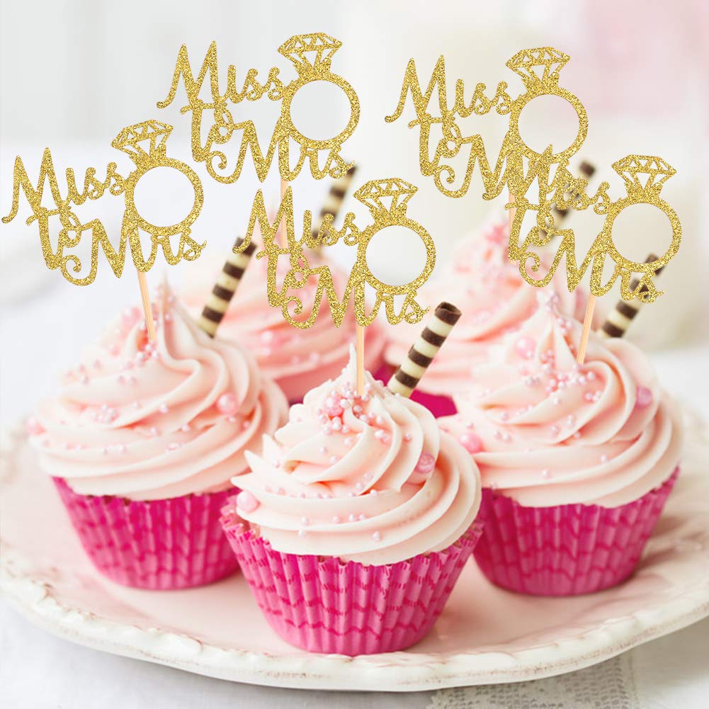 36Pcs Miss To Mrs Gold Cupcake Toppers Wedding Bridal Shower Engagement Party Decoration Picks