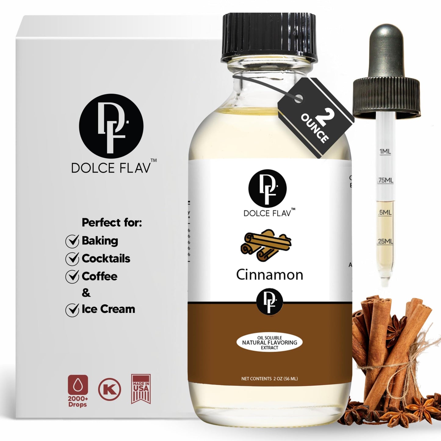 Dolce Flav Natural Cinnamon Extract – Concentrated Spice Flavor, Oil-Soluble, 2 Oz., Kosher, Sugar-Free