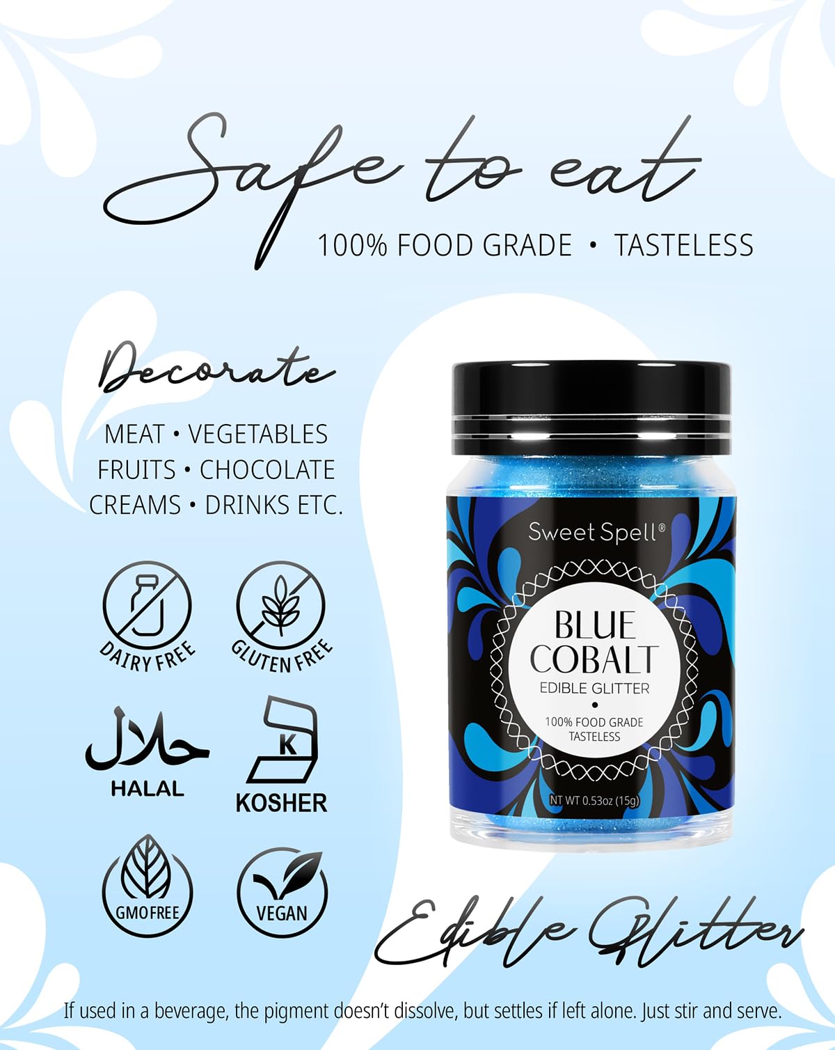 Sweet Spell Edible Glitter - Shimmer Sparkles for Drinks & Cakes, 0.5 oz, Cobalt Blue, 100% Edible & Vegan