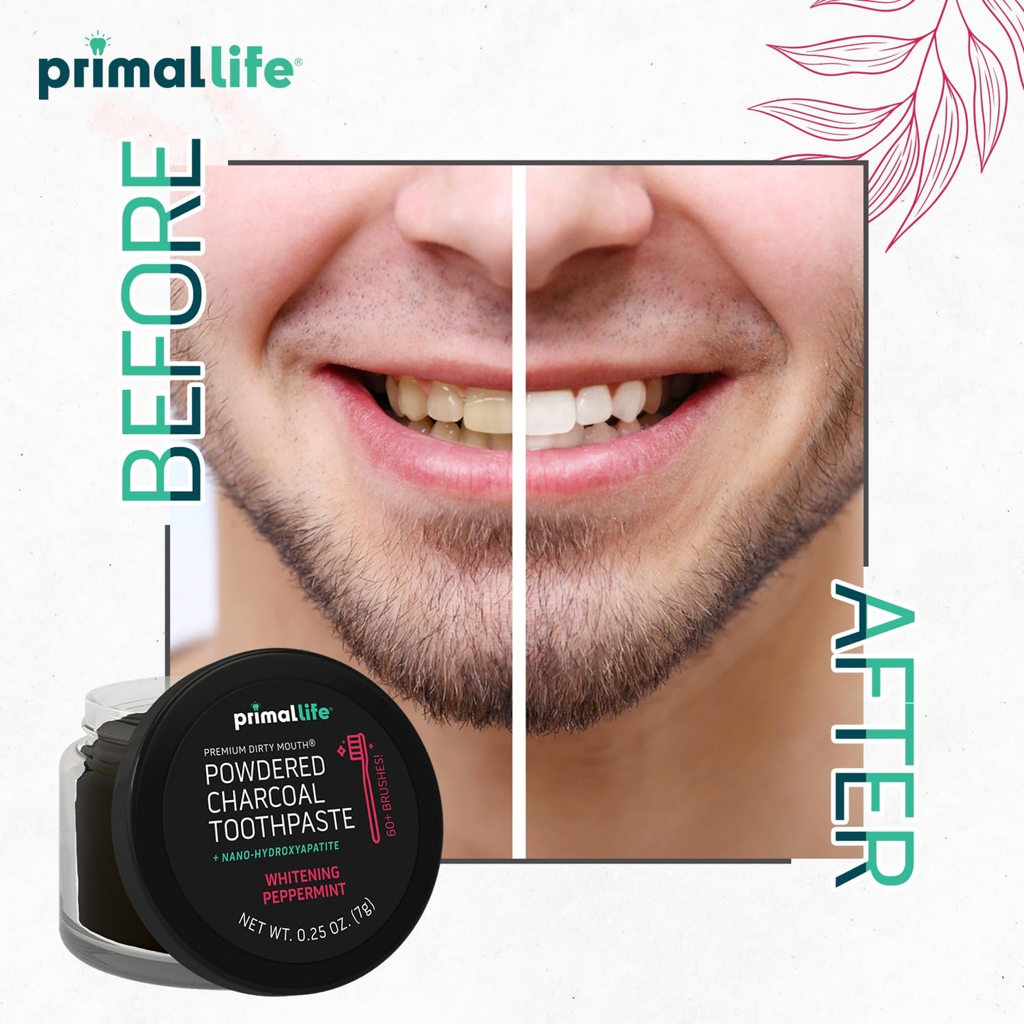 Primal Life Organics -Dirty Mouth Toothpowder, Activated Charcoal Tooth Cleaning Powder, Essential Oils, Hydroxyapatite, Kaolin,