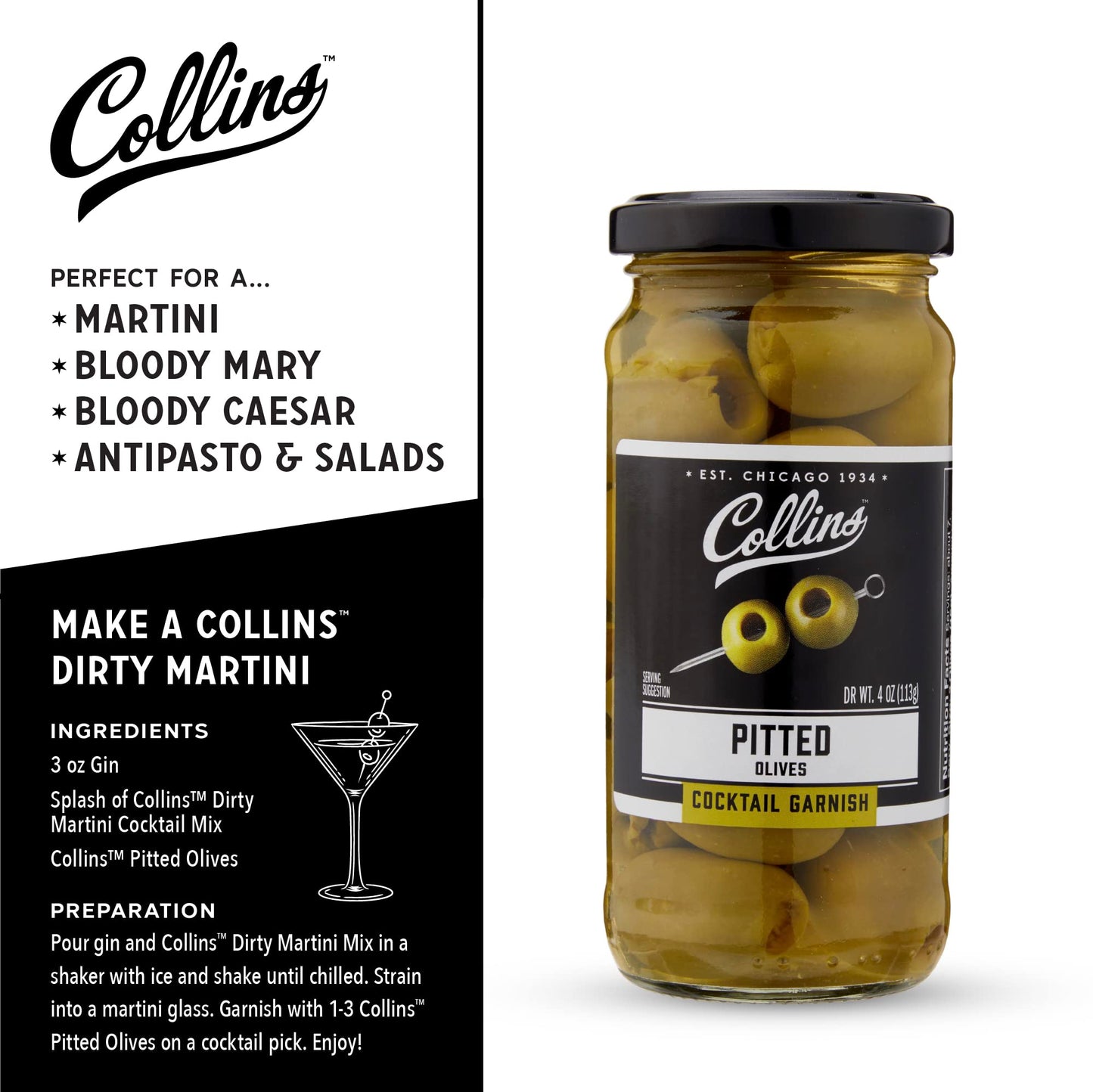 Collins Pitted Olives - Popular Garnish for Cocktails and Snacks, 4oz, Black, Model O255