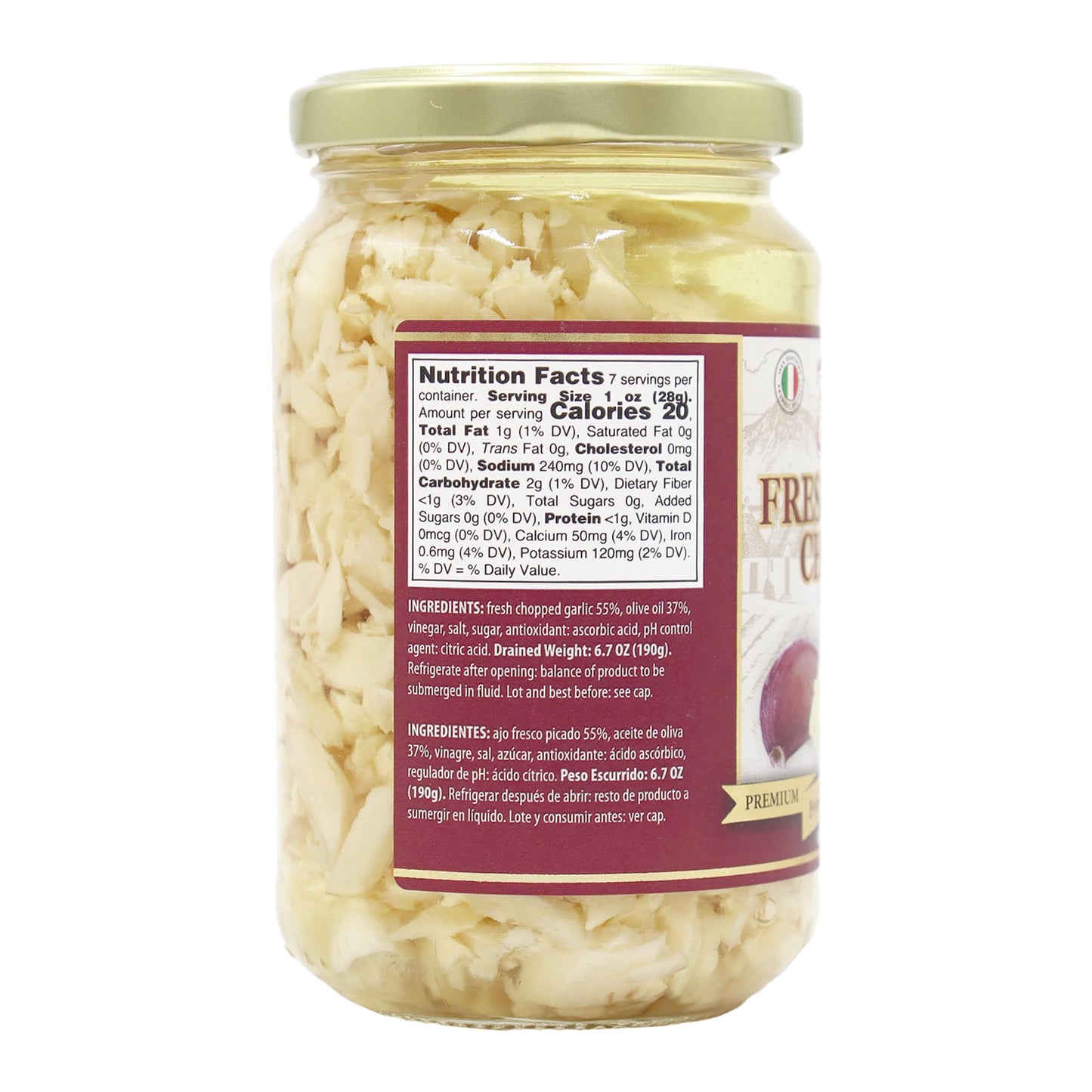 Flora Foods Italian Fresh Garlic Chopped In Oil Mild Flavor - 12 Oz Jar - Ready-To-Use For Cooking & Seasoning - Imported