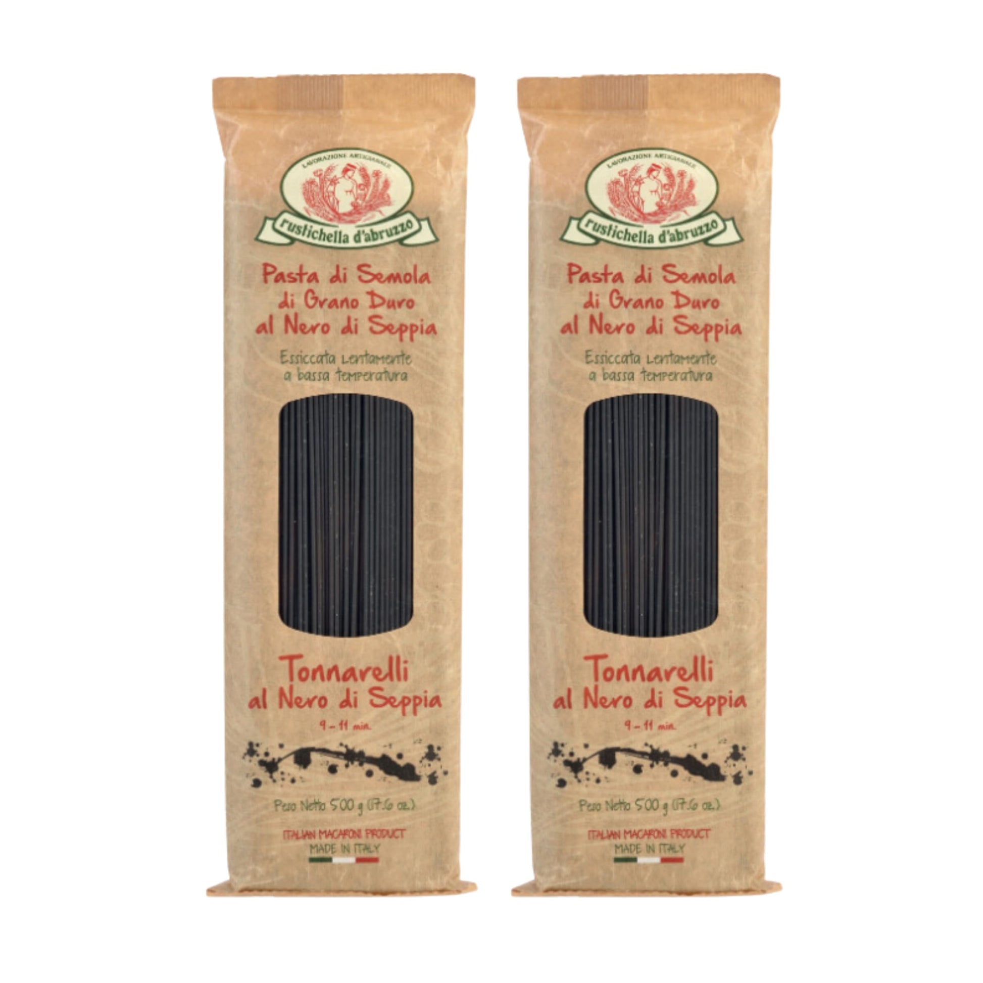 Rustichella dAbruzzo Tonnarelli with Squid Ink - Pack of 2 500g Each - Long Italian Pasta with Cuttlefish Ink, Ideal for Shellfish, Spicy Fish Sauce & Olive Oil Dishes - Authentic Flavored Pasta from Abruzzo, Italy