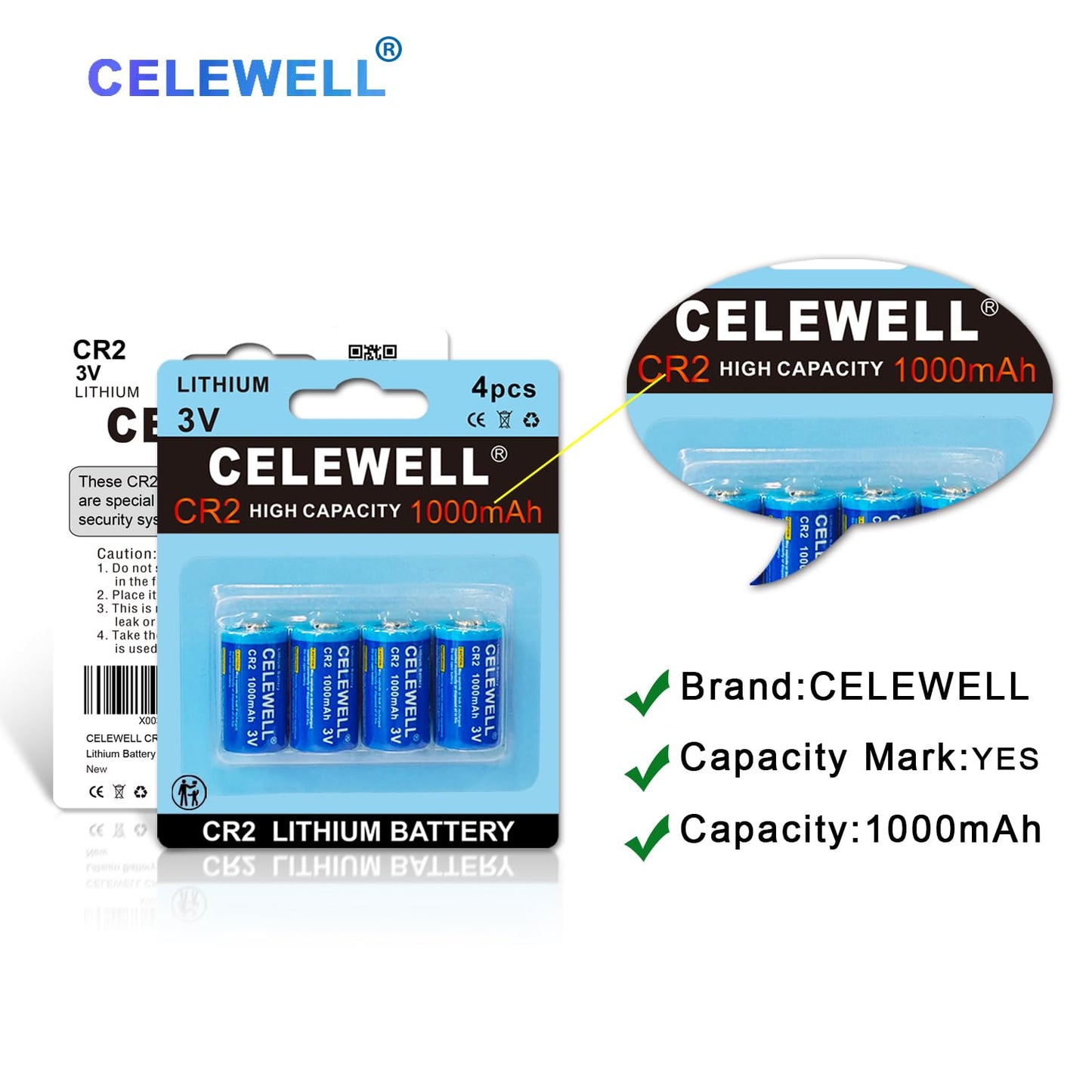 Celewell ?10-Year Warranty? 4Pcs Cr2 3V 1000Mah Lithium Battery