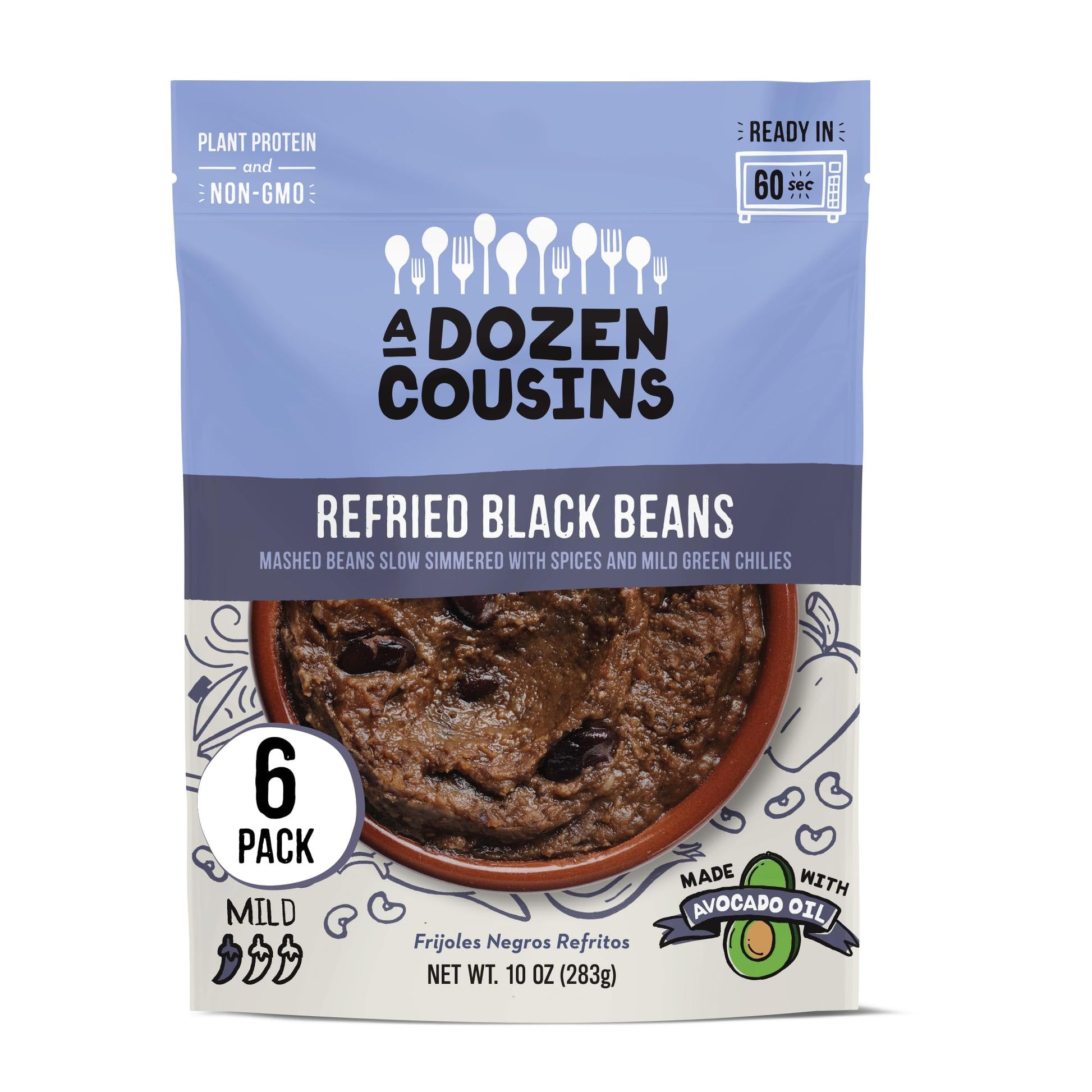 A Dozen Cousins Seasoned Beans, Microwaveable, Vegan and Non-GMO Meals Ready to Eat Made with Avocado Oil (Refried Black Beans, 